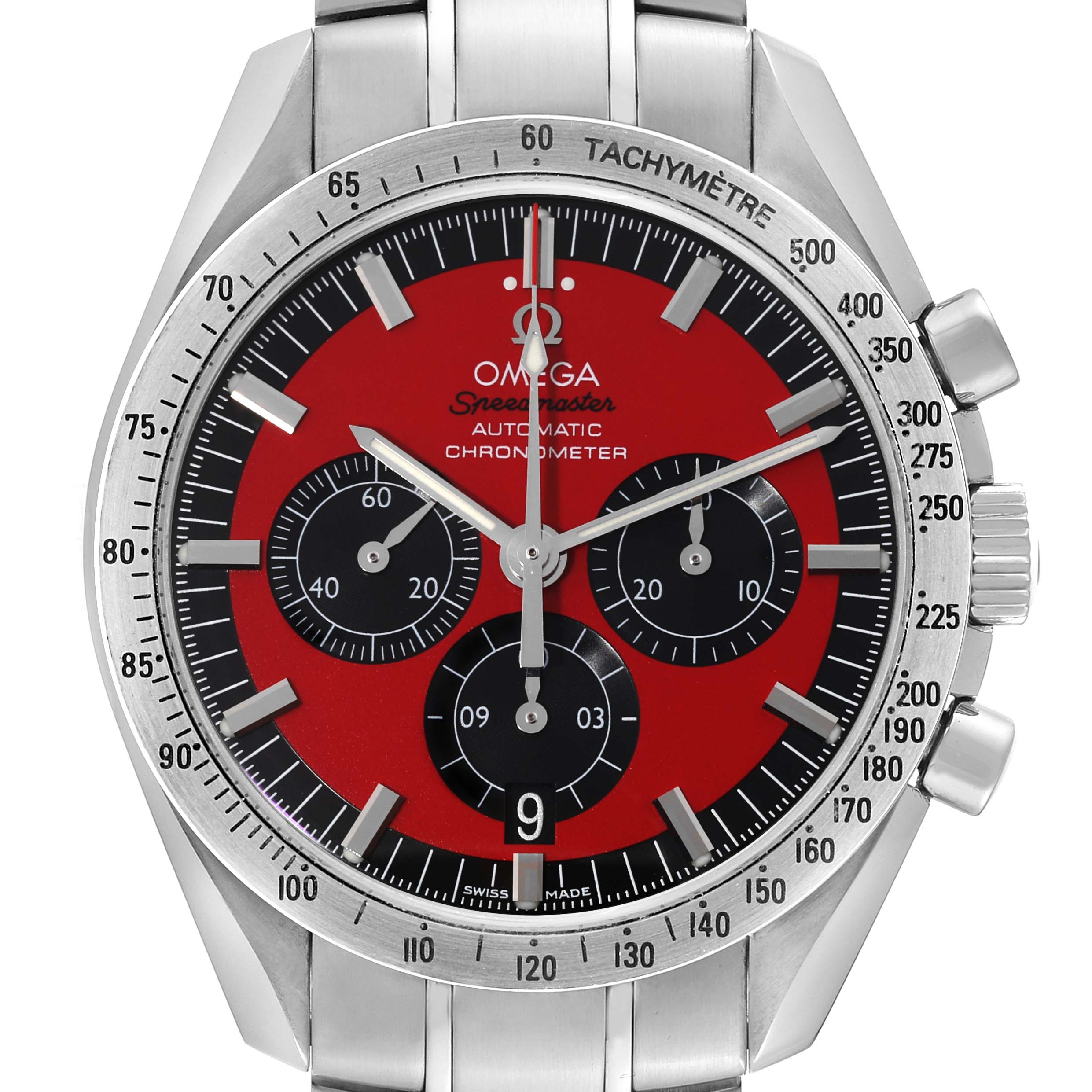 This is a close-up shot of the Omega Speedmaster 3506.61.00 Men's Stainless Steel Red Dial 3506.61.00 Men's Stainless Steel Red Dial watch, showing its red dial, chronograph subdials, and stainless steel bezel.