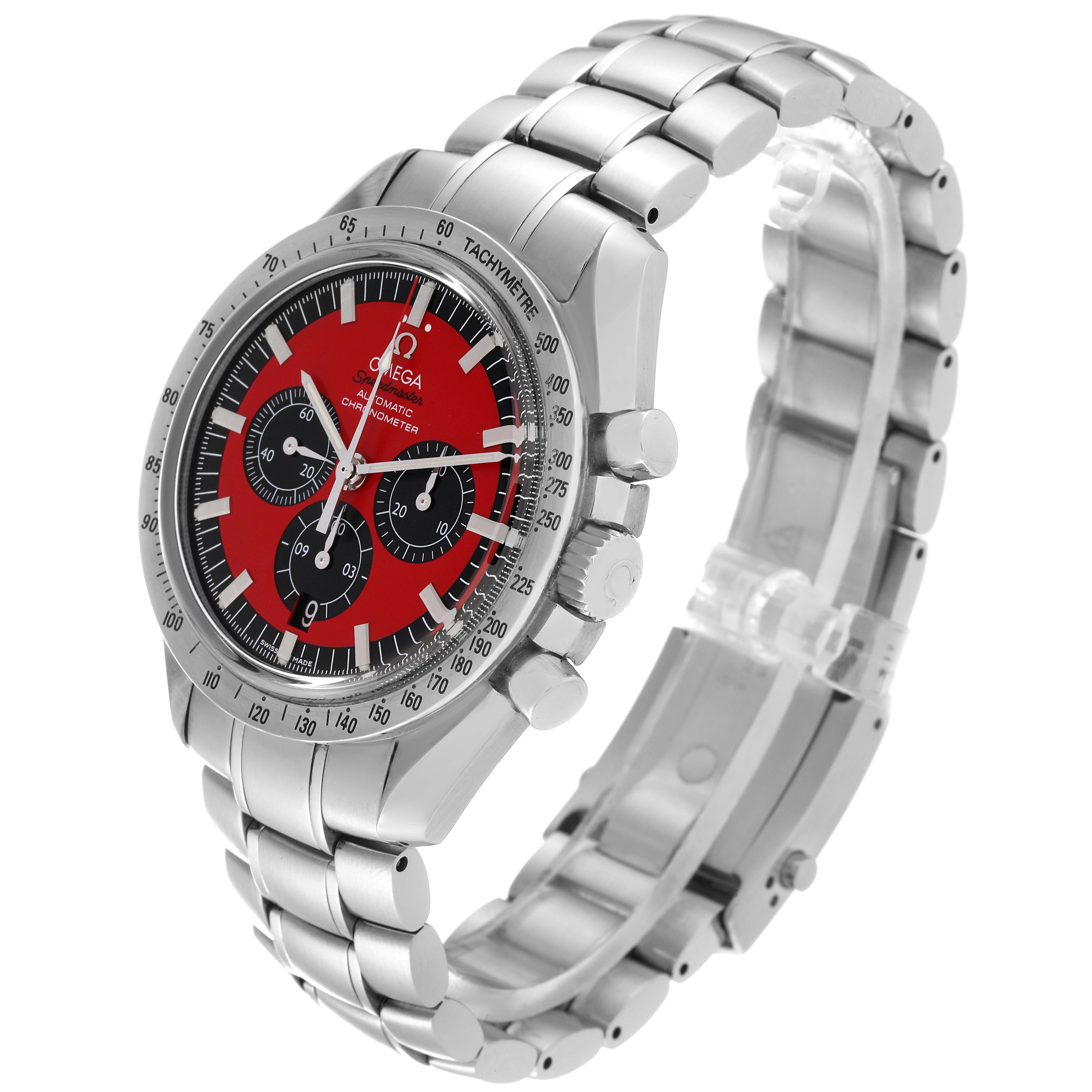 The image shows a side angle of the Omega Speedmaster 3506.61.00 Men's Stainless Steel Red Dial 3506.61.00 Men's Stainless Steel Red Dial watch, displaying its bracelet, bezel, and red dial.