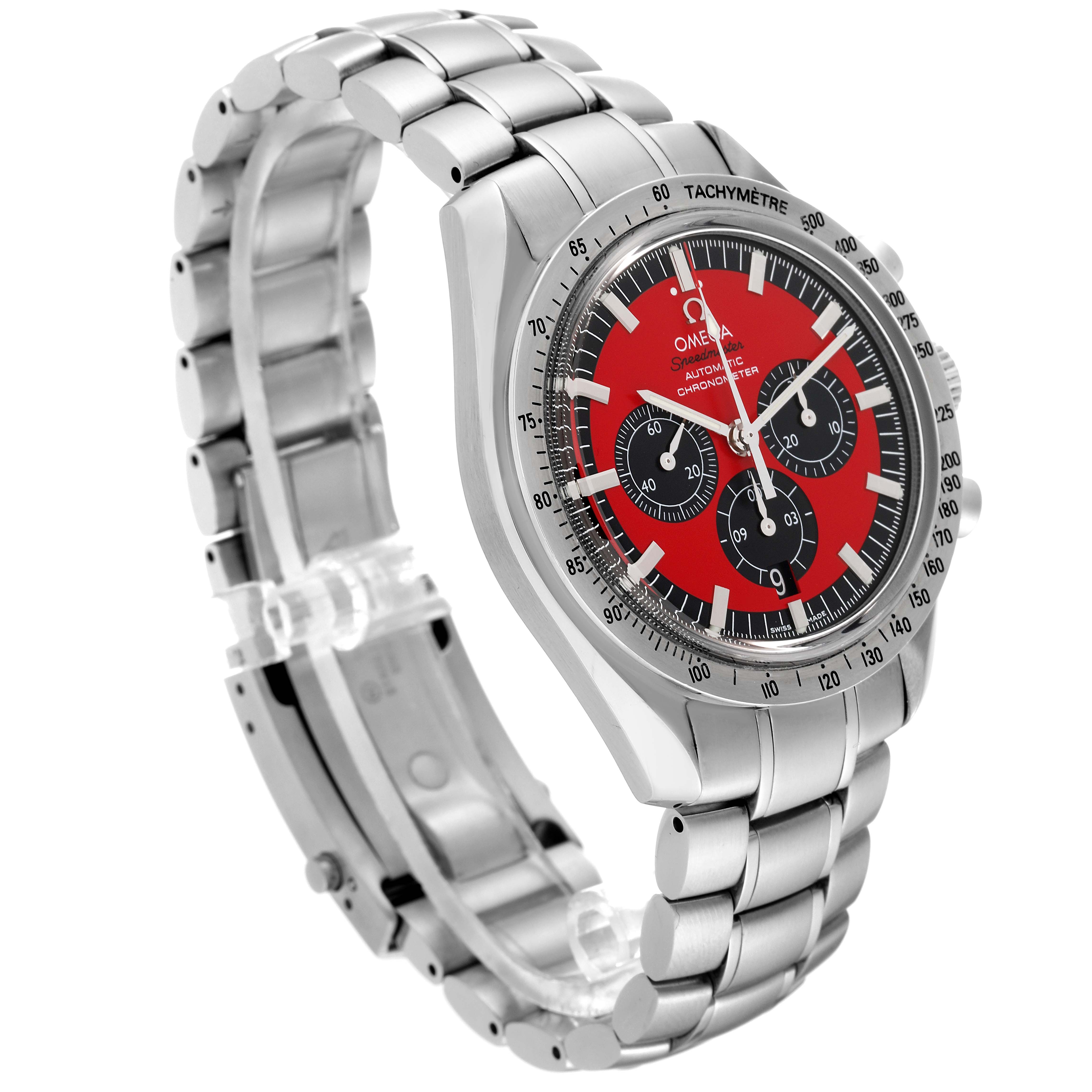 This Omega Speedmaster 3506.61.00 Men's Stainless Steel Red Dial 3506.61.00 Men's Stainless Steel Red Dial watch is shown at an angled side view, highlighting the metal bracelet and red dial with tachymeter markings.