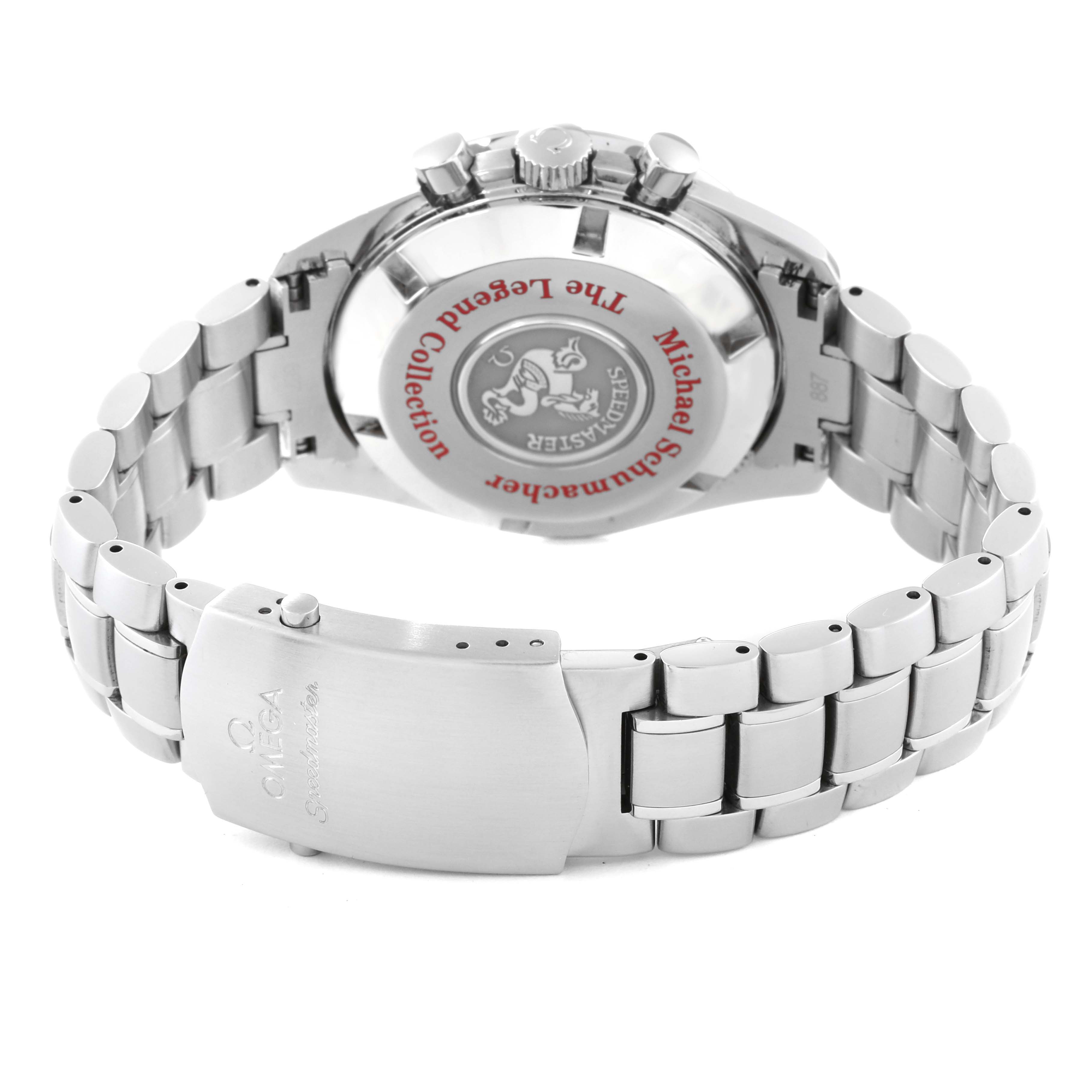 The image shows the back case and bracelet of an Omega Speedmaster 3506.61.00 Men's Stainless Steel Red Dial 3506.61.00 Men's Stainless Steel Red Dial watch with the clasp and caseback engravings visible.