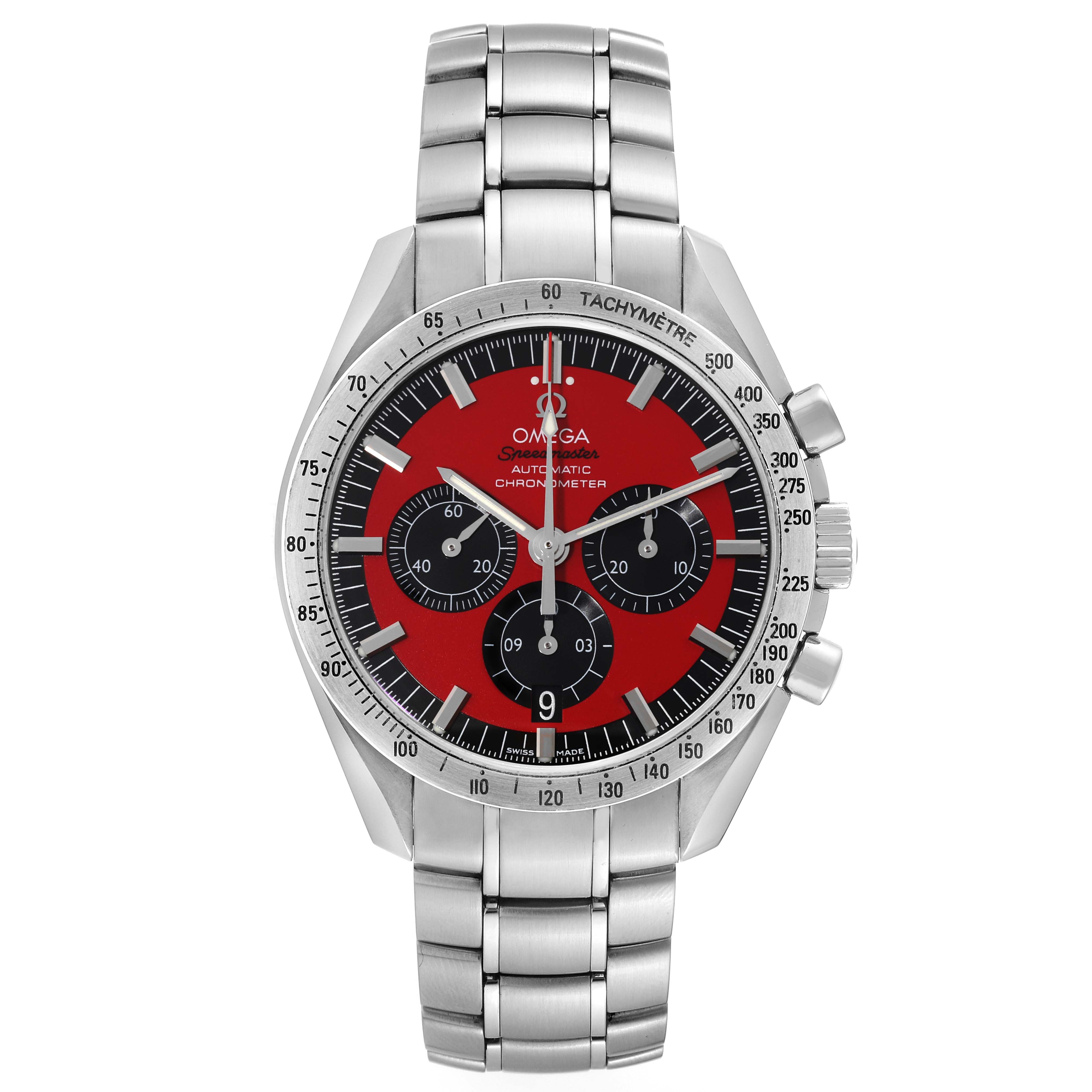 The image shows a front view of an Omega Speedmaster 3506.61.00 Men's Stainless Steel Red Dial 3506.61.00 Men's Stainless Steel Red Dial watch, highlighting its red dial, chronograph sub-dials, and stainless steel bracelet.