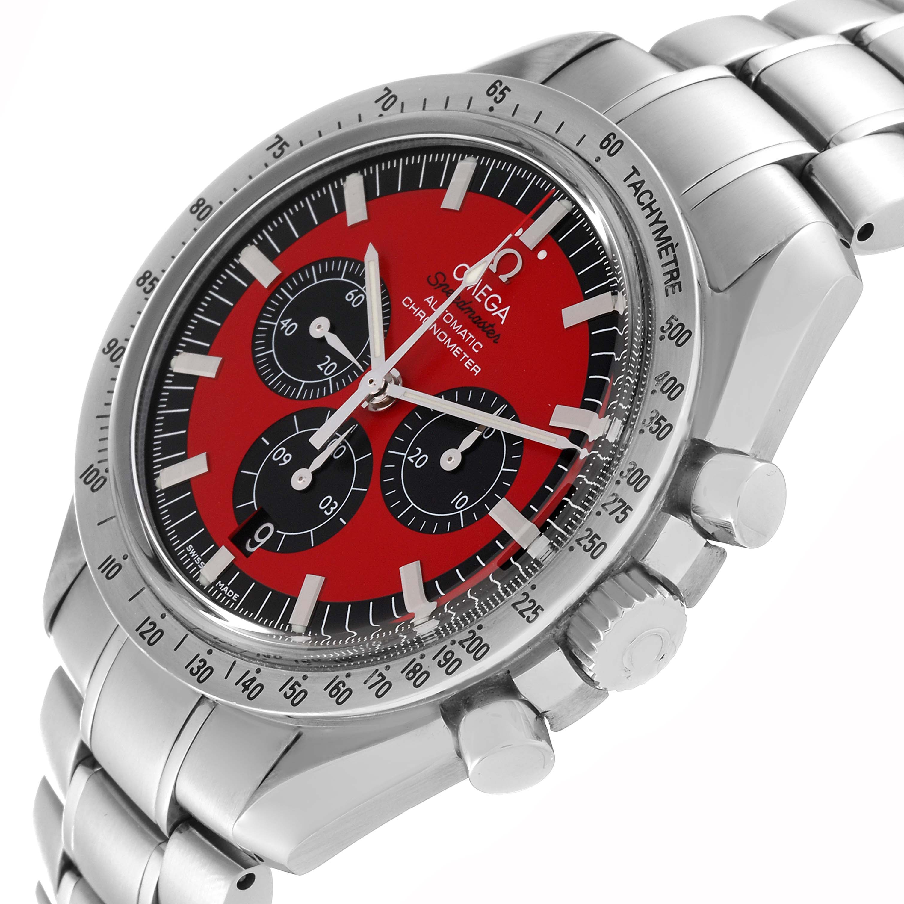 This image shows an angled view of the Omega Speedmaster 3506.61.00 Men's Stainless Steel Red Dial 3506.61.00 Men's Stainless Steel Red Dial watch, highlighting the red dial, chronograph sub-dials, tachymeter bezel, and stainless steel bracelet.