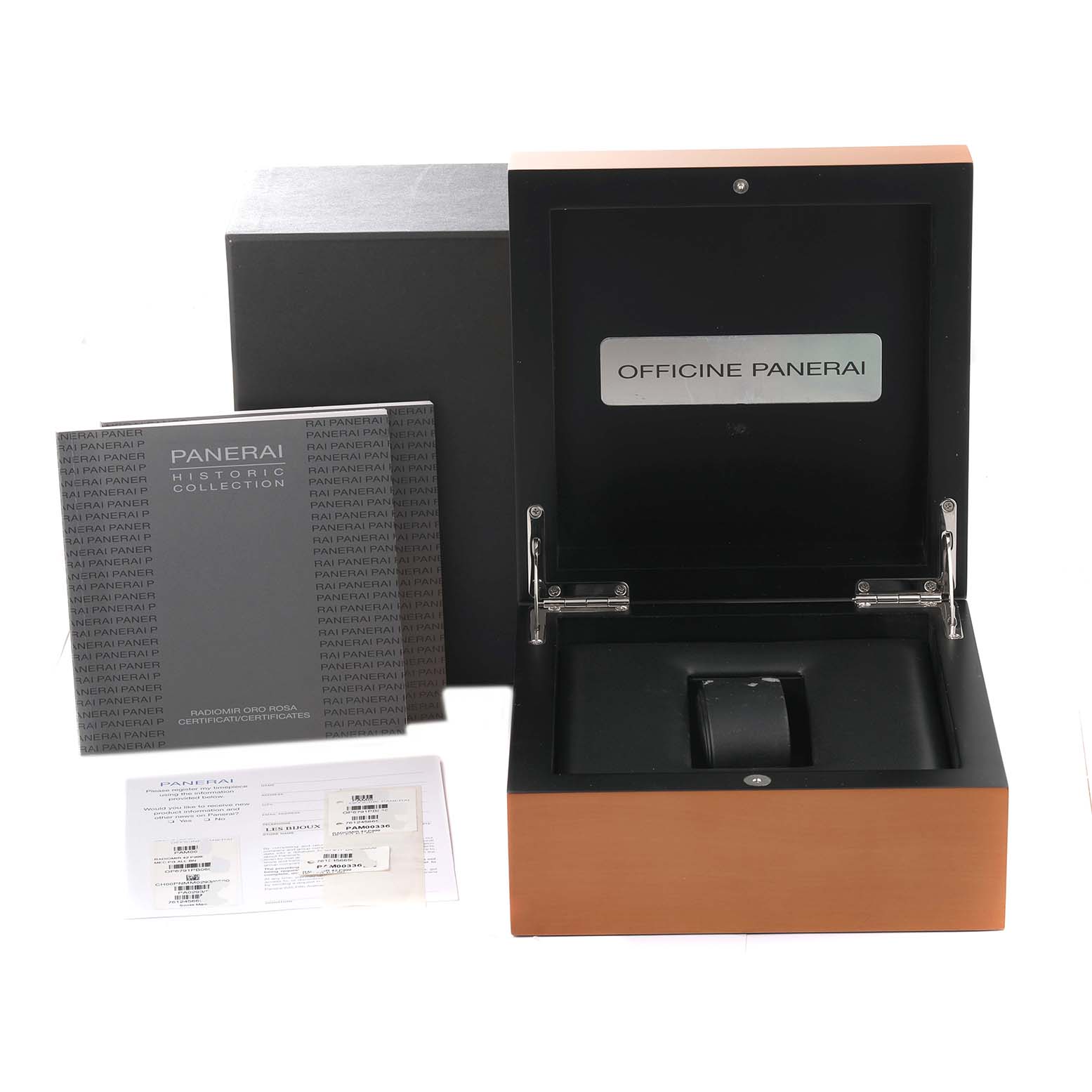 The image shows the open box, certificates, and manual of the Panerai Radiomir PAM00336 Men's Rose Gold Brown Dial PAM00336 Men's Rose Gold Brown Dial model watch from an overhead angle.