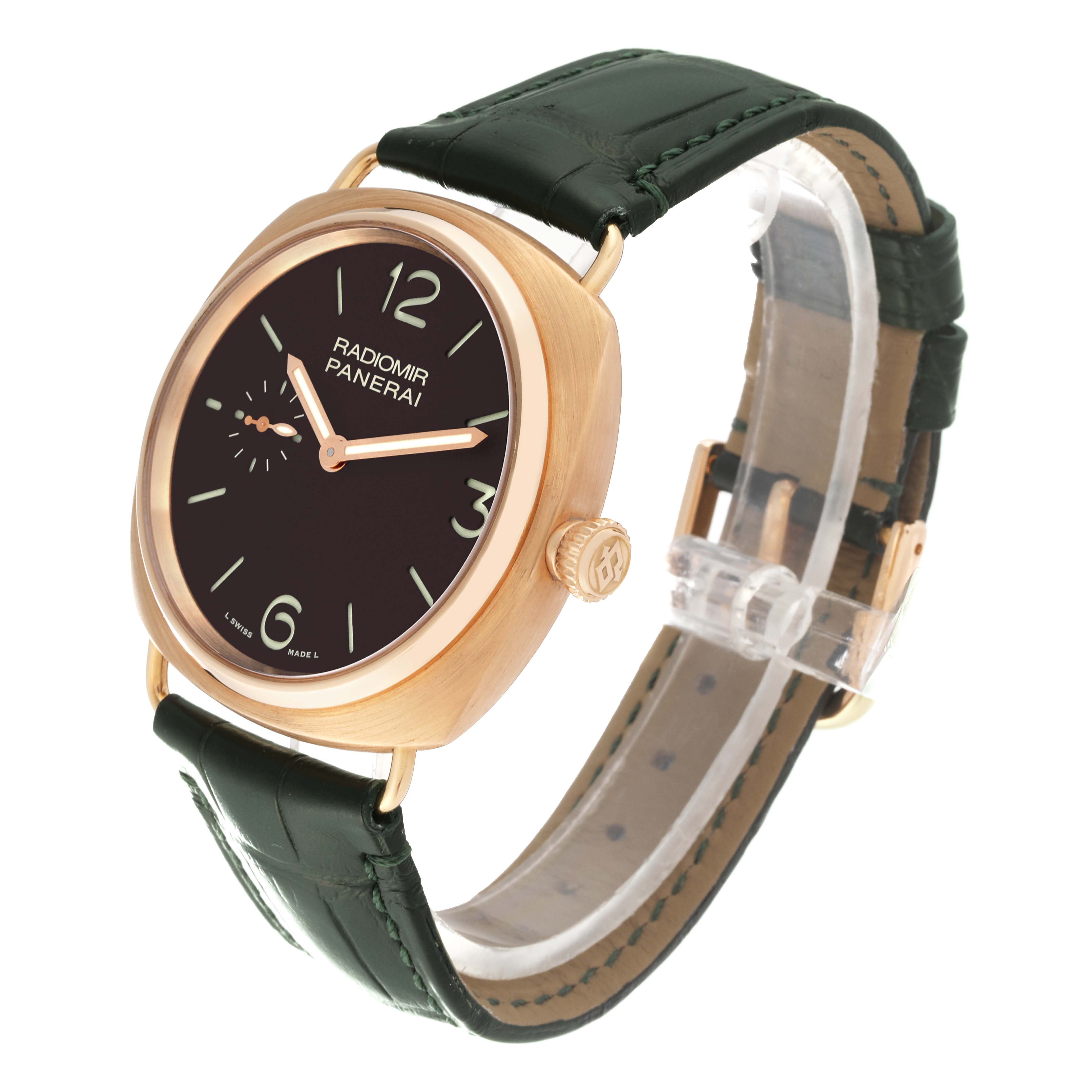 This image shows a Panerai Radiomir PAM00336 Men's Rose Gold Brown Dial PAM00336 Men's Rose Gold Brown Dial watch at an angle highlighting its face, crown, and black leather strap.