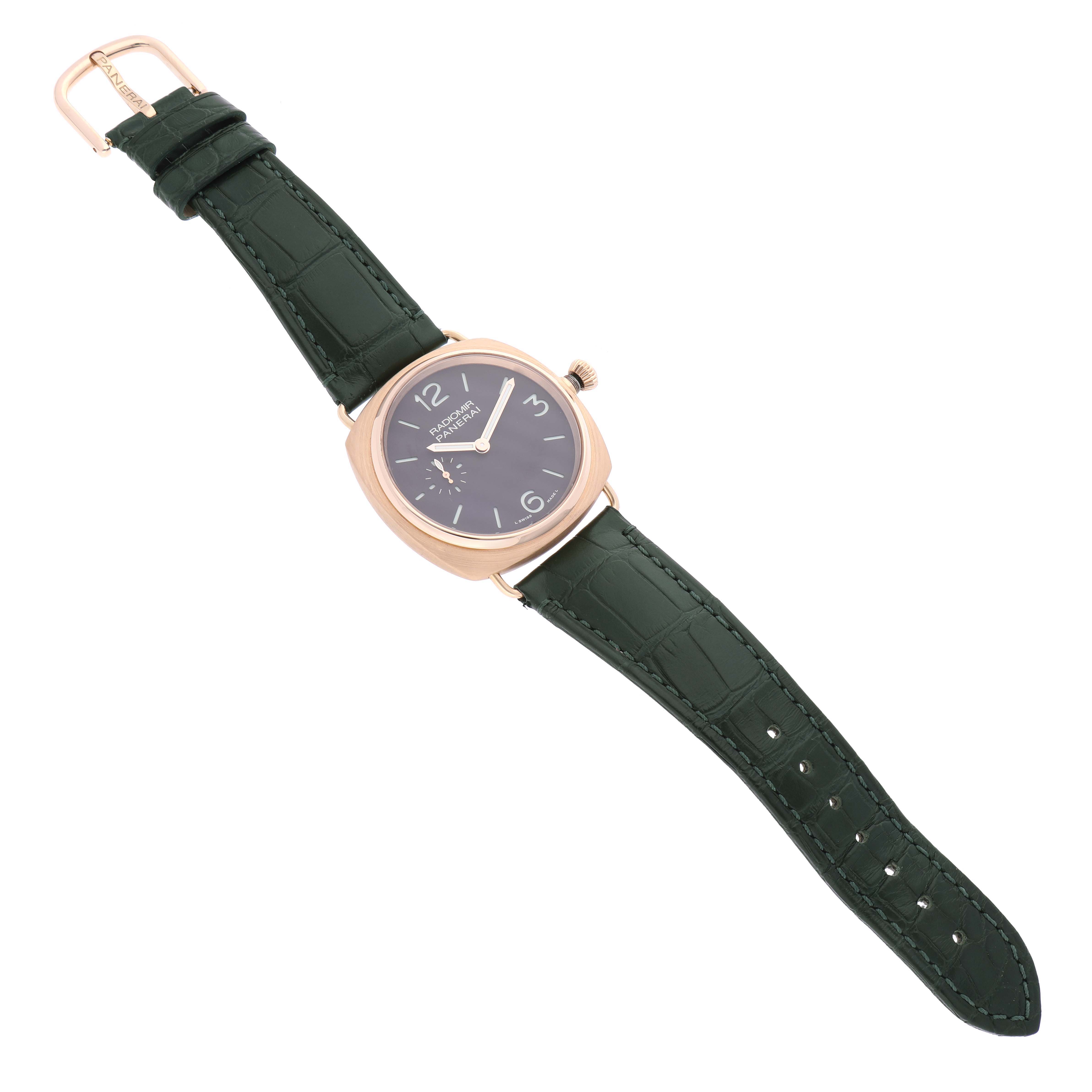 The image shows a Panerai Radiomir PAM00336 Men's Rose Gold Brown Dial PAM00336 Men's Rose Gold Brown Dial watch from a top-down angle, highlighting its face, case, crown, and green strap.