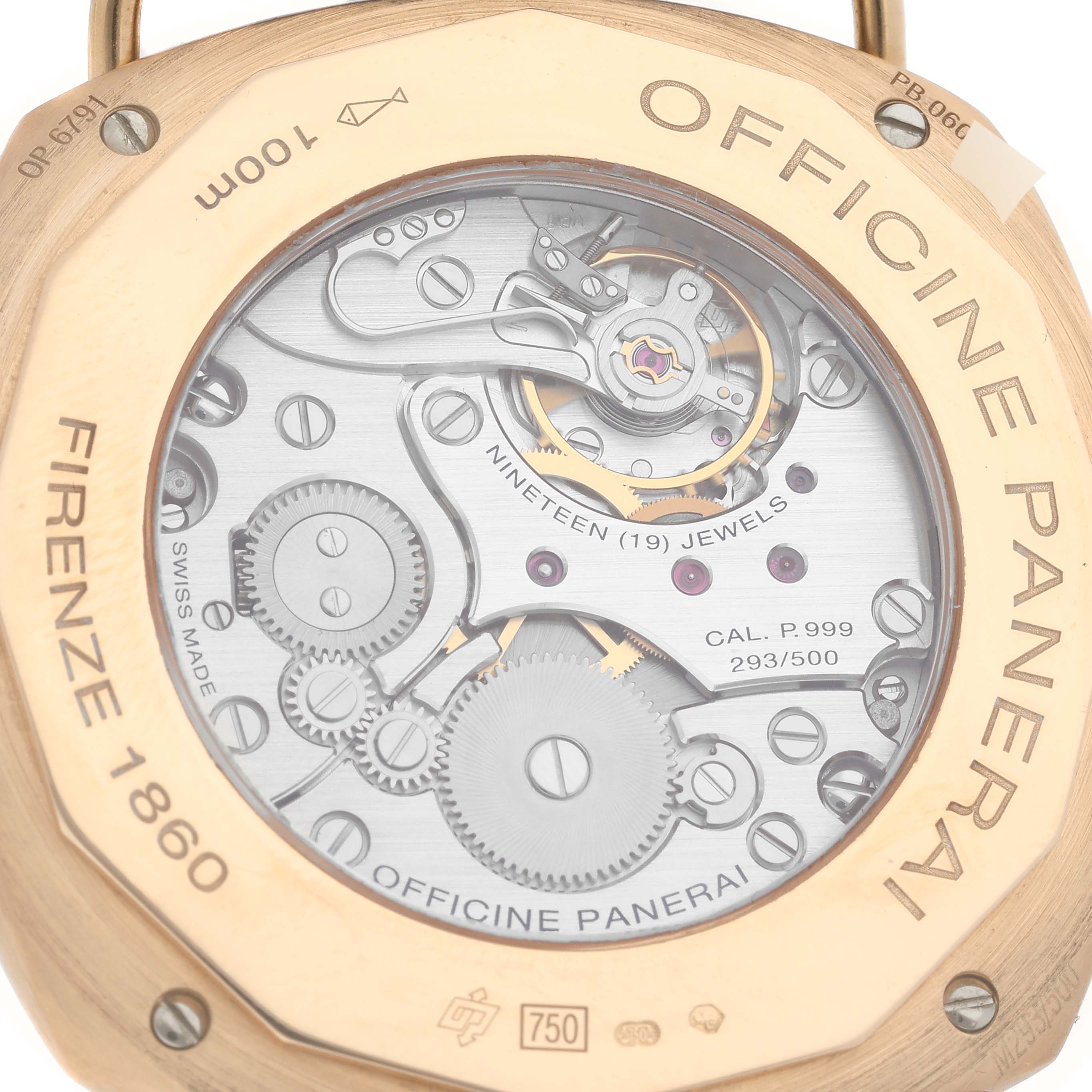 The image shows the back, internal mechanism, and engravings of a Panerai Radiomir PAM00336 Men's Rose Gold Brown Dial PAM00336 Men's Rose Gold Brown Dial watch.