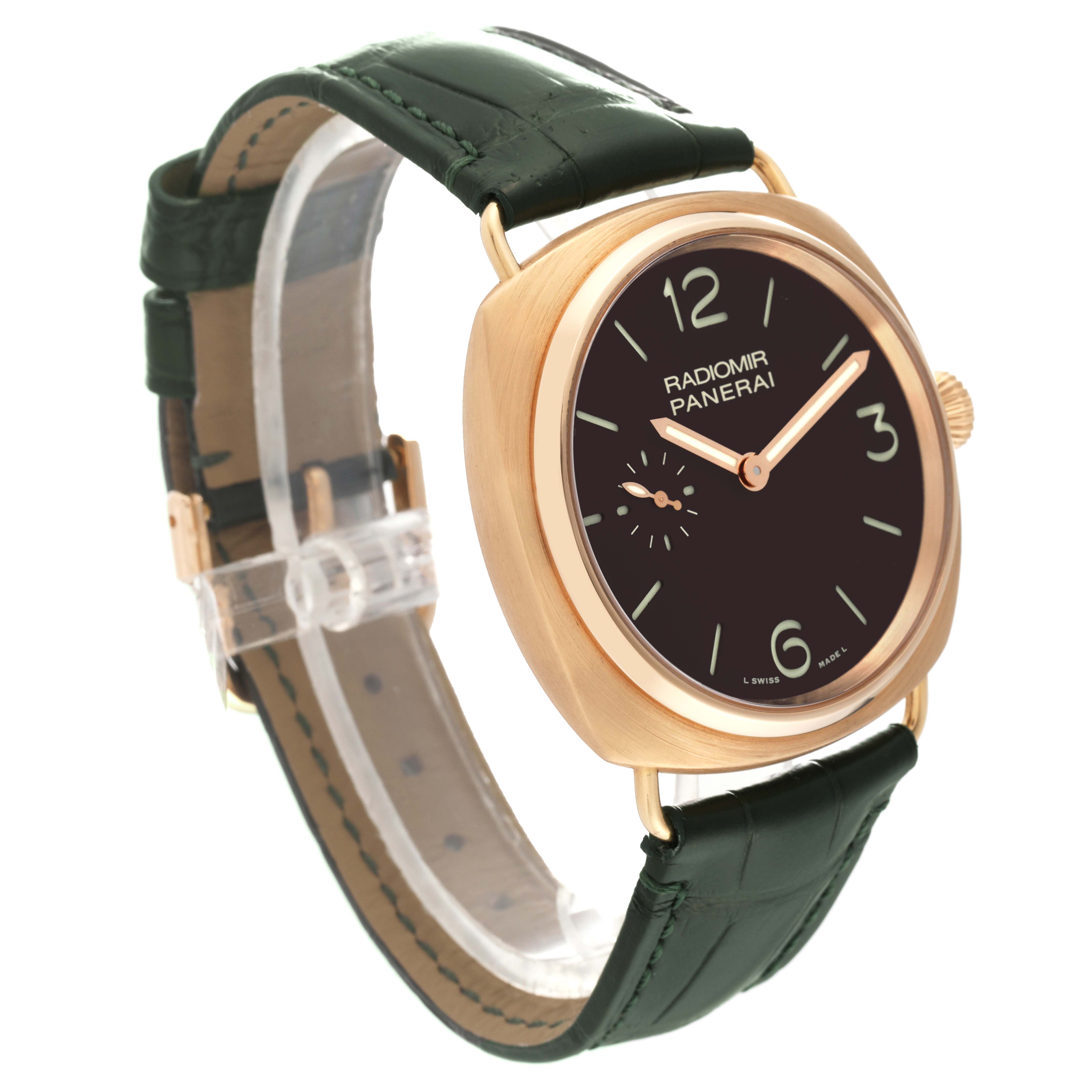 The image shows a Panerai Radiomir PAM00336 Men's Rose Gold Brown Dial PAM00336 Men's Rose Gold Brown Dial watch angled from the front-left, highlighting its dial, case, and strap.