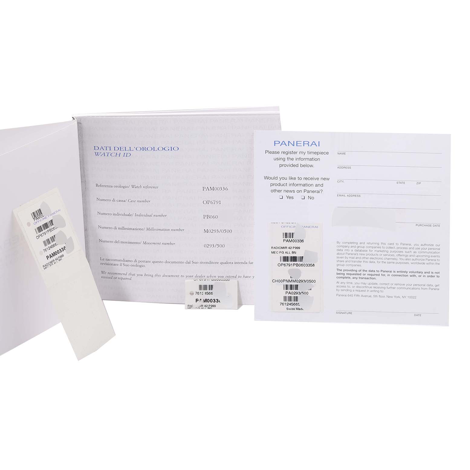 The image shows the documentation and authentication papers for a Panerai Radiomir PAM00336 Men's Rose Gold Brown Dial PAM00336 Men's Rose Gold Brown Dial model watch.