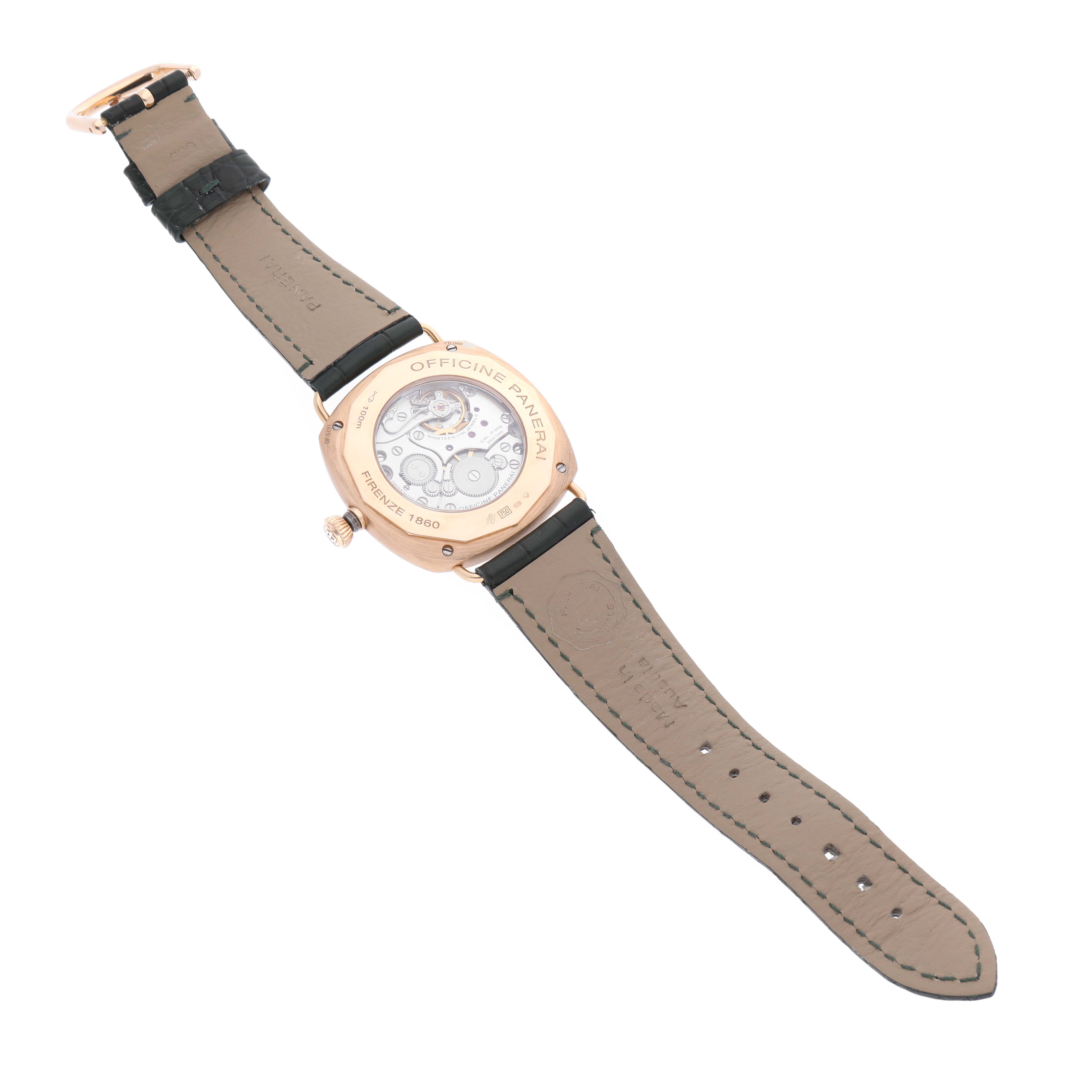 The image shows the back view of a Panerai Radiomir PAM00336 Men's Rose Gold Brown Dial PAM00336 Men's Rose Gold Brown Dial watch, highlighting its open case back and strap.