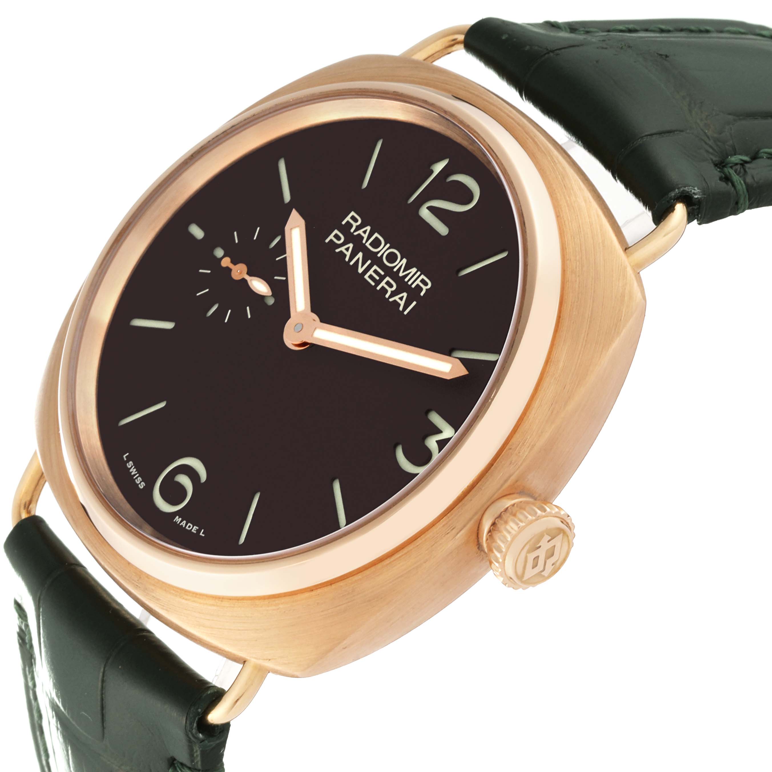 The Panerai Radiomir PAM00336 Men's Rose Gold Brown Dial PAM00336 Men's Rose Gold Brown Dial watch is shown at an angled side view, highlighting the dial, crown, and part of the strap.