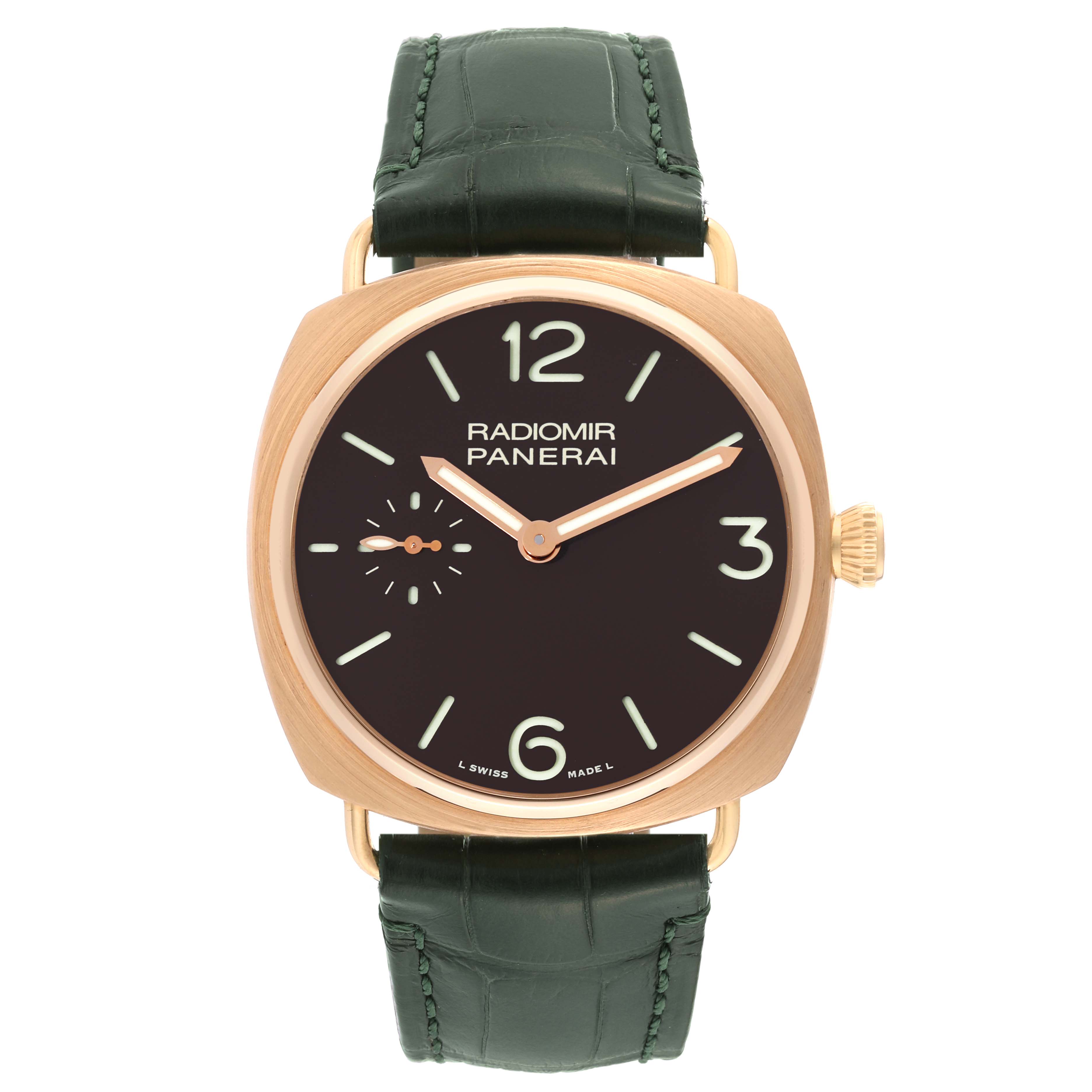 The image shows a front view of a Panerai Radiomir PAM00336 Men's Rose Gold Brown Dial PAM00336 Men's Rose Gold Brown Dial watch with a green strap and gold case.