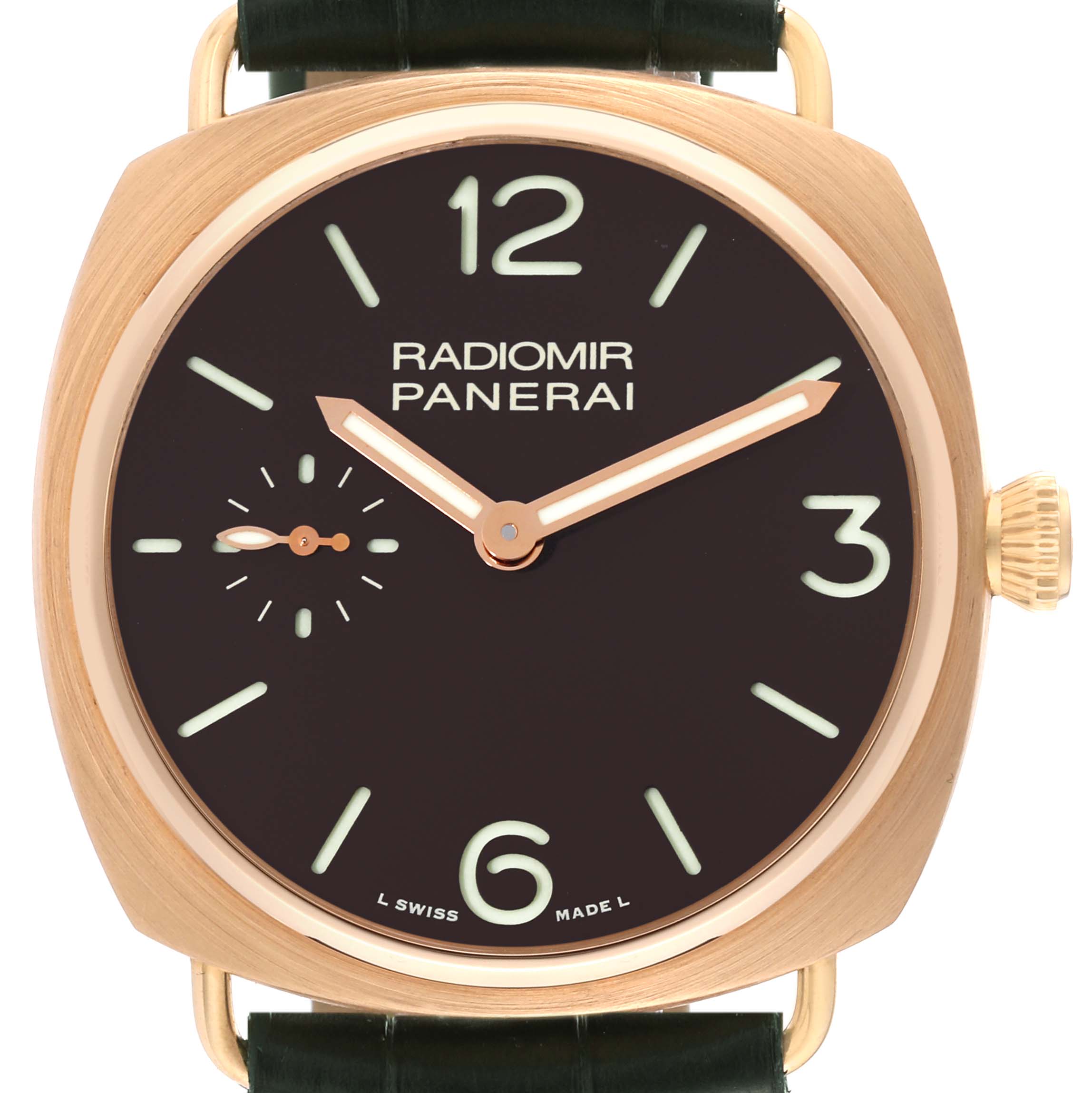 The image shows a close-up, front view of a Panerai Radiomir PAM00336 Men's Rose Gold Brown Dial PAM00336 Men's Rose Gold Brown Dial watch, highlighting the dial, hands, and crown.