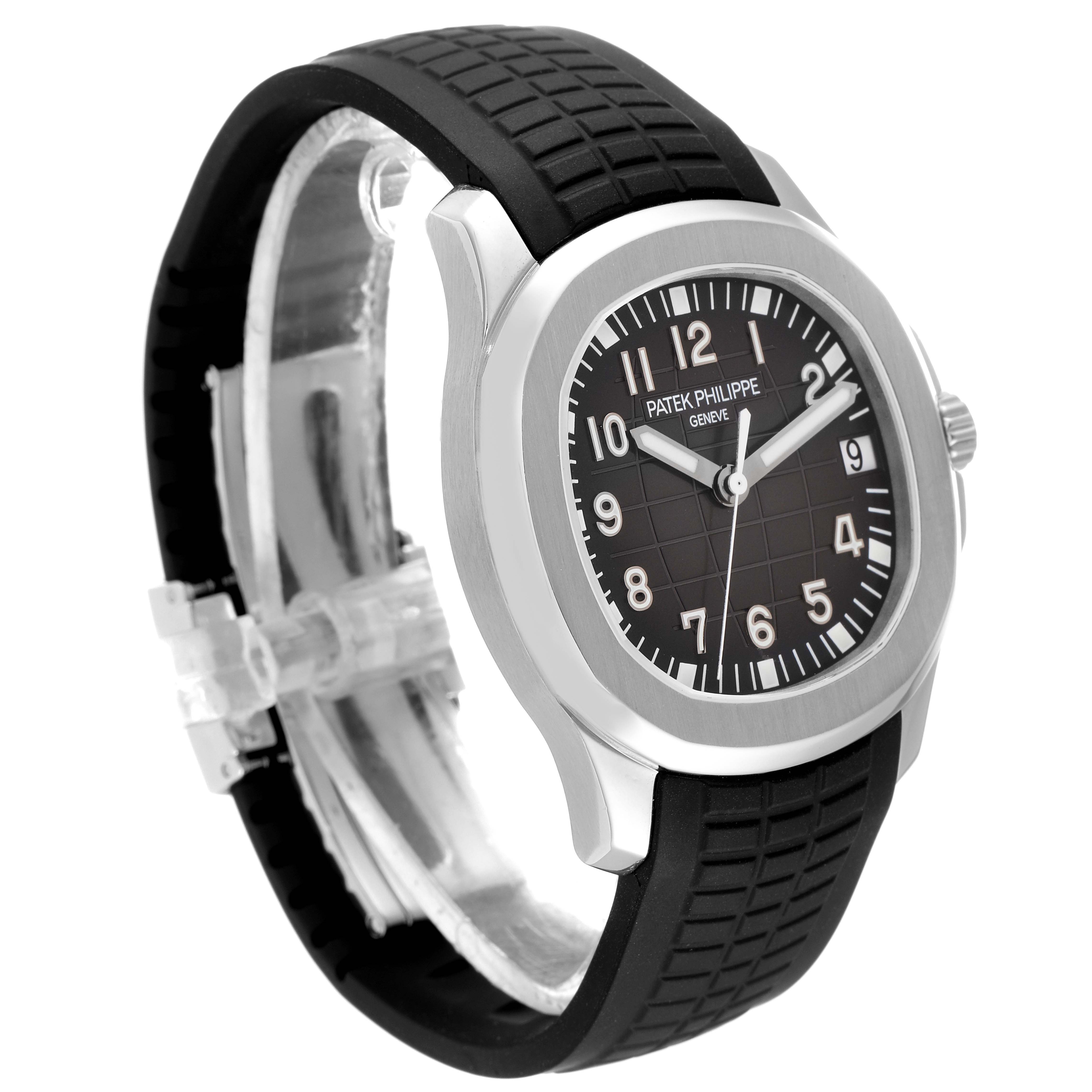 The Patek Philippe Aquanaut 5165A-001 Men's Stainless Steel Black Dial 5165A-001 Men's Stainless Steel Black Dial watch is shown at a three-quarter angle, highlighting the face, bezel, and rubber strap.