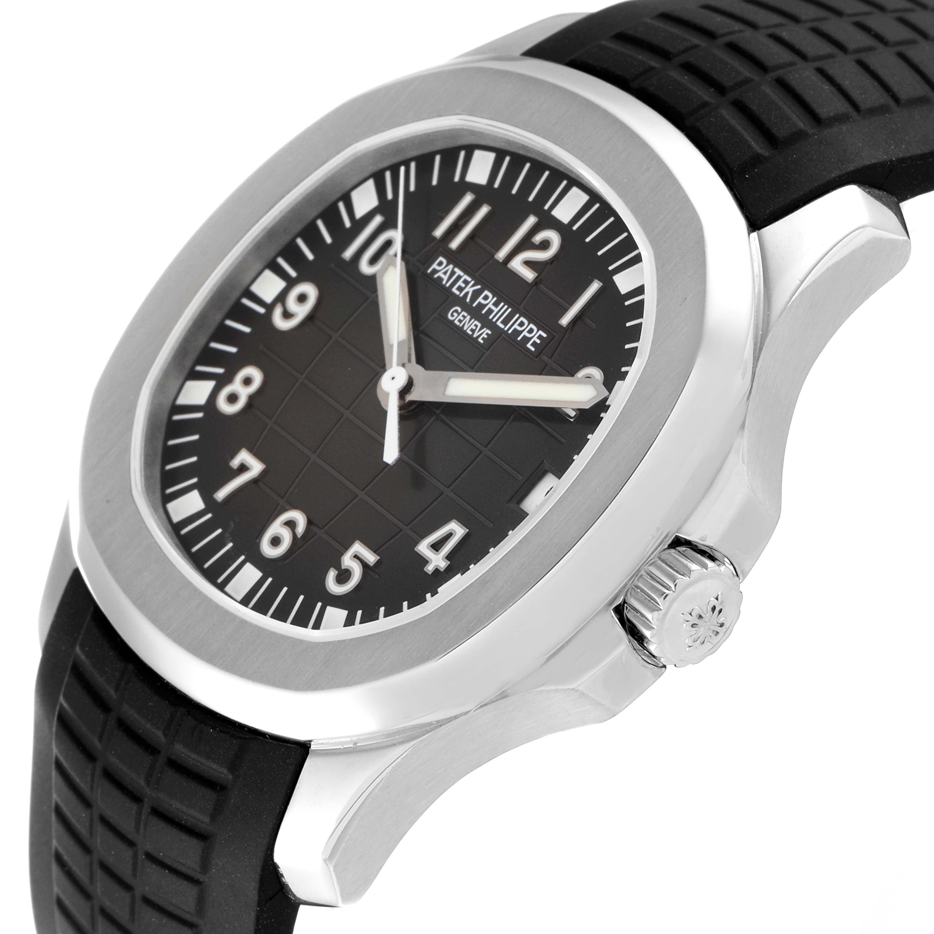 The Patek Philippe Aquanaut 5165A-001 Men's Stainless Steel Black Dial 5165A-001 Men's Stainless Steel Black Dial watch is shown at an angled side view, displaying the dial, bezel, crown, and part of the strap.
