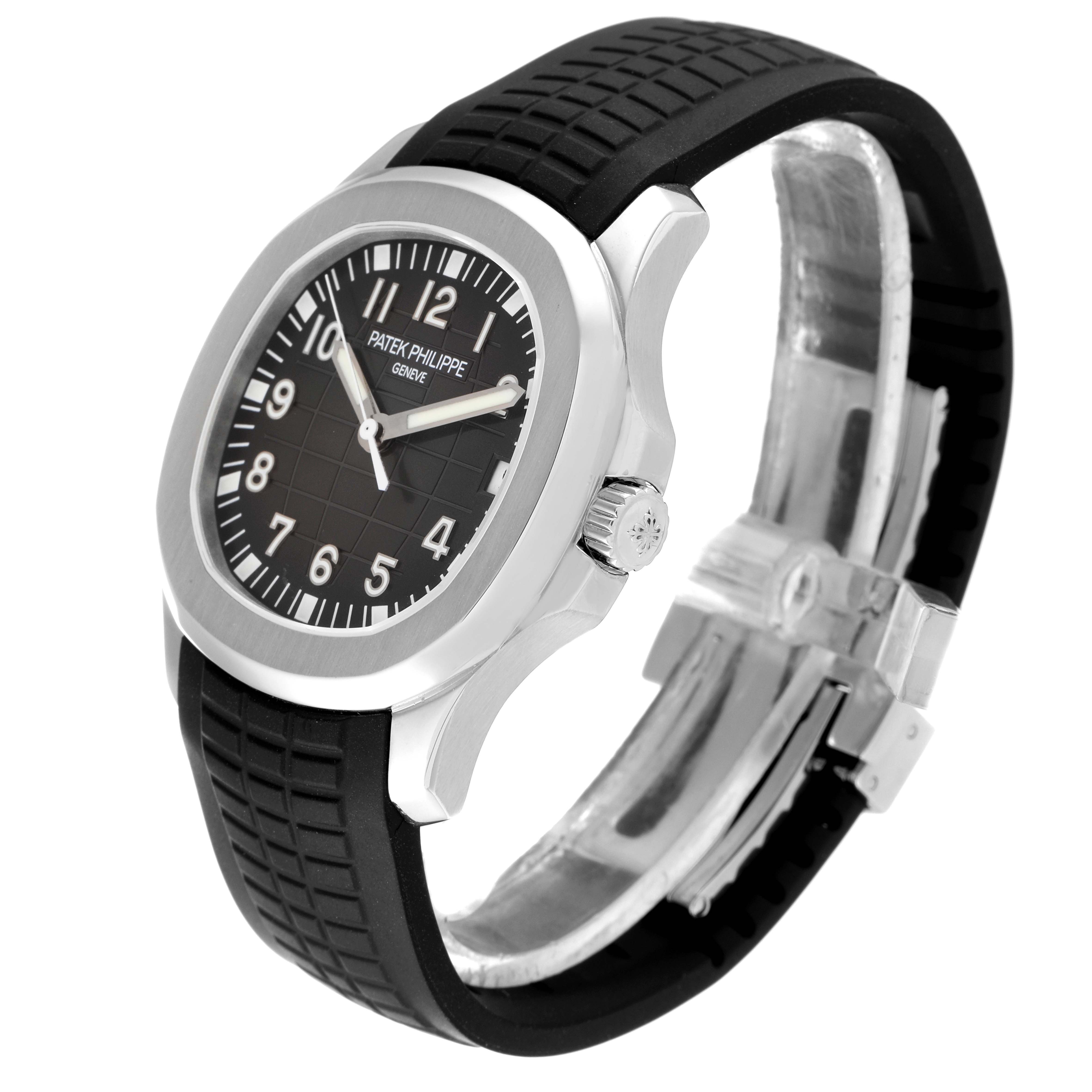 The Patek Philippe Aquanaut 5165A-001 Men's Stainless Steel Black Dial 5165A-001 Men's Stainless Steel Black Dial watch is shown at a three-quarter angle, highlighting the dial, bezel, case, and rubber strap.