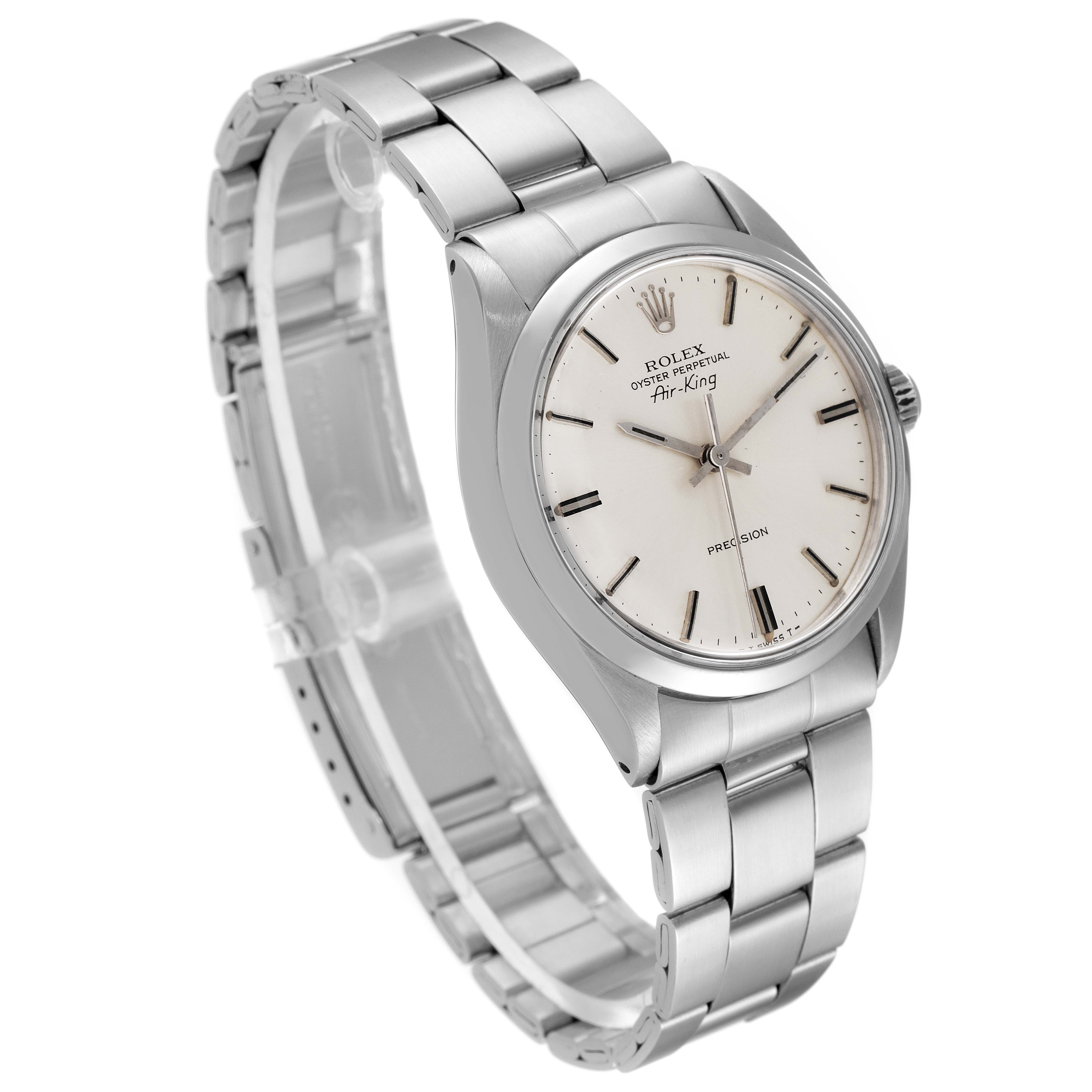 The image shows a Rolex Air-King 5500 Men's Stainless Steel Silver Dial 5500 Men's Stainless Steel Silver Dial model watch from a front and side angle, detailing the face, bezel, crown, and bracelet.