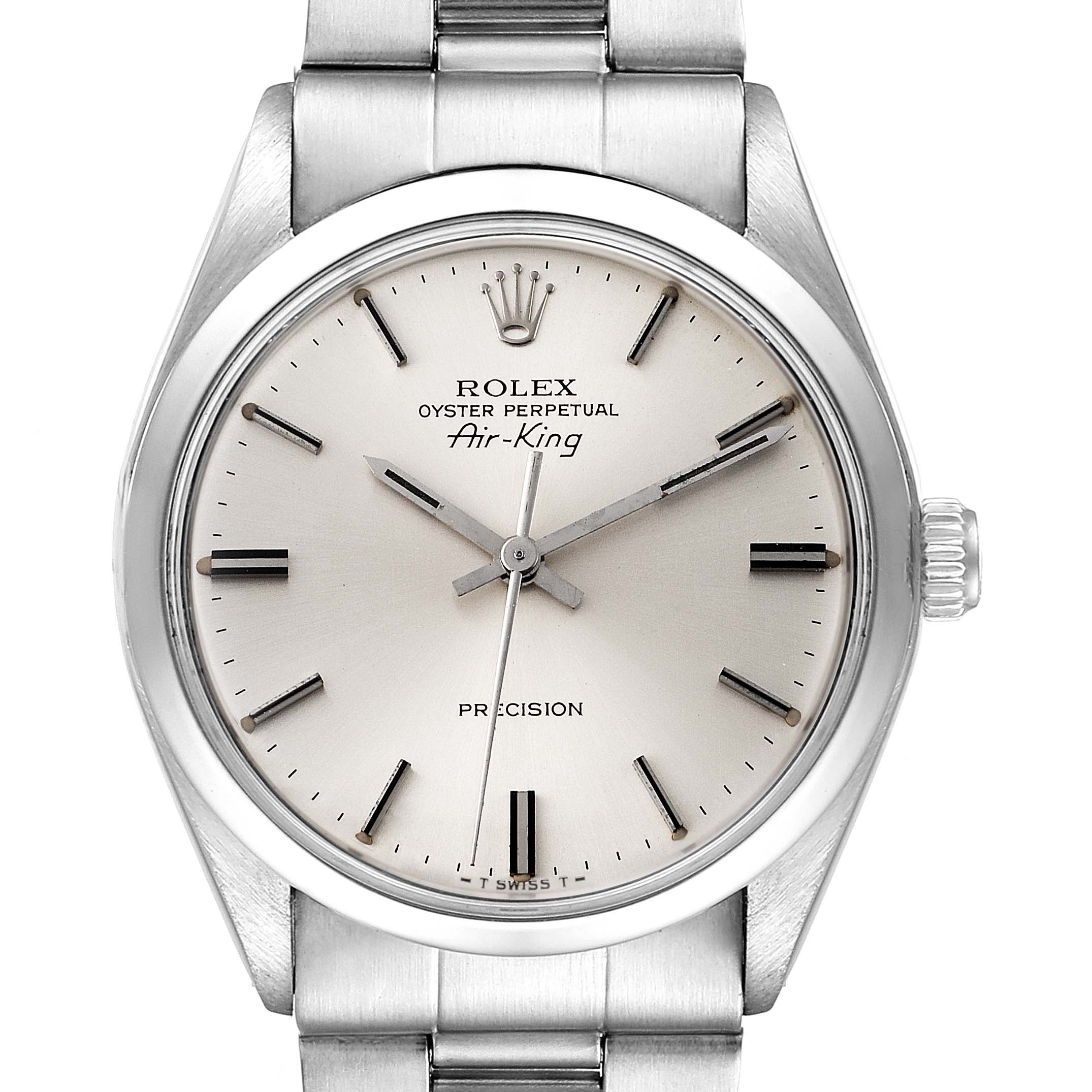 The image shows a front view of the Rolex Air-King 5500 Men's Stainless Steel Silver Dial 5500 Men's Stainless Steel Silver Dial watch, highlighting the dial, hands, crown, and part of the bracelet.