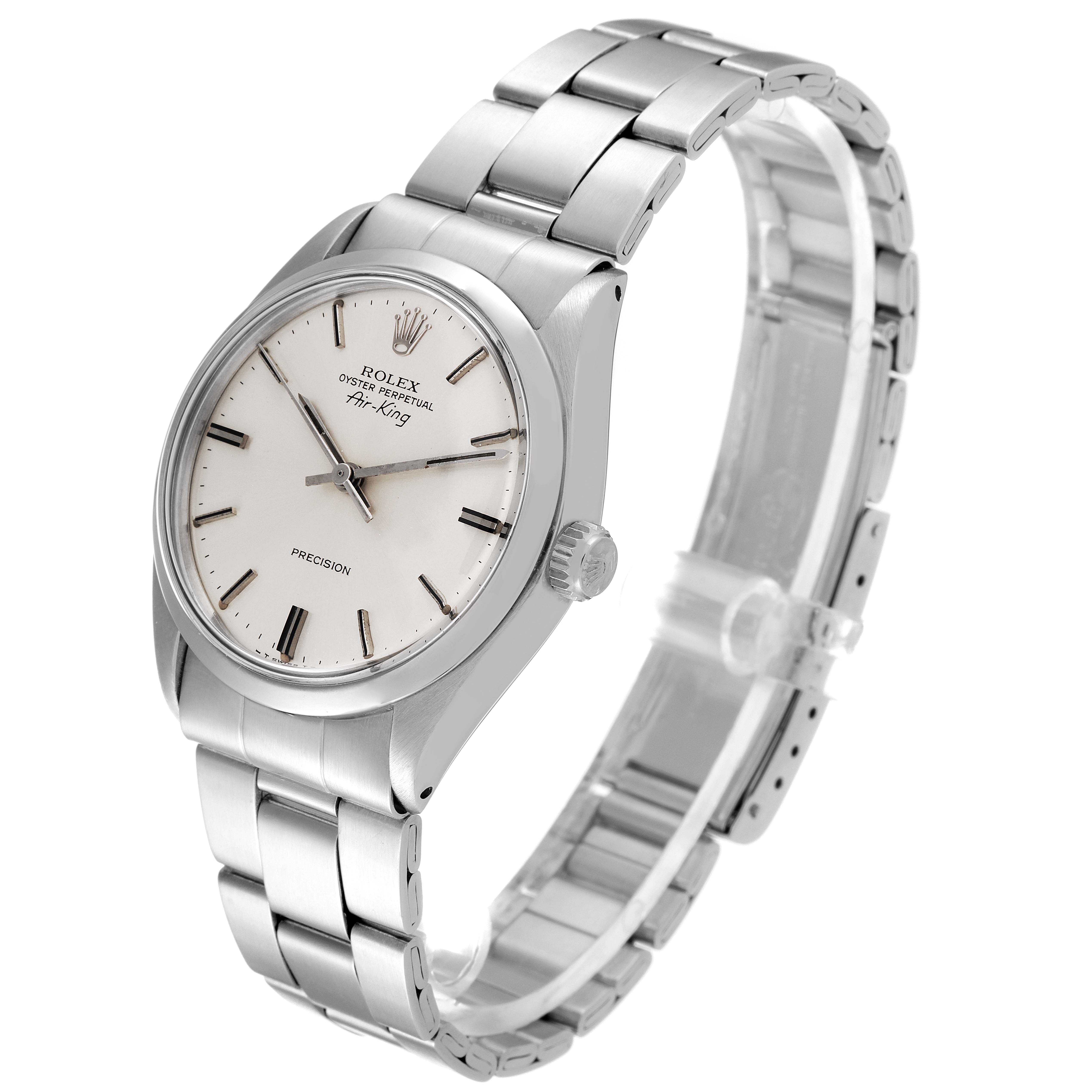 This image shows a side angle of a Rolex Air-King 5500 Men's Stainless Steel Silver Dial 5500 Men's Stainless Steel Silver Dial watch, highlighting the dial, bezel, crown, and bracelet.