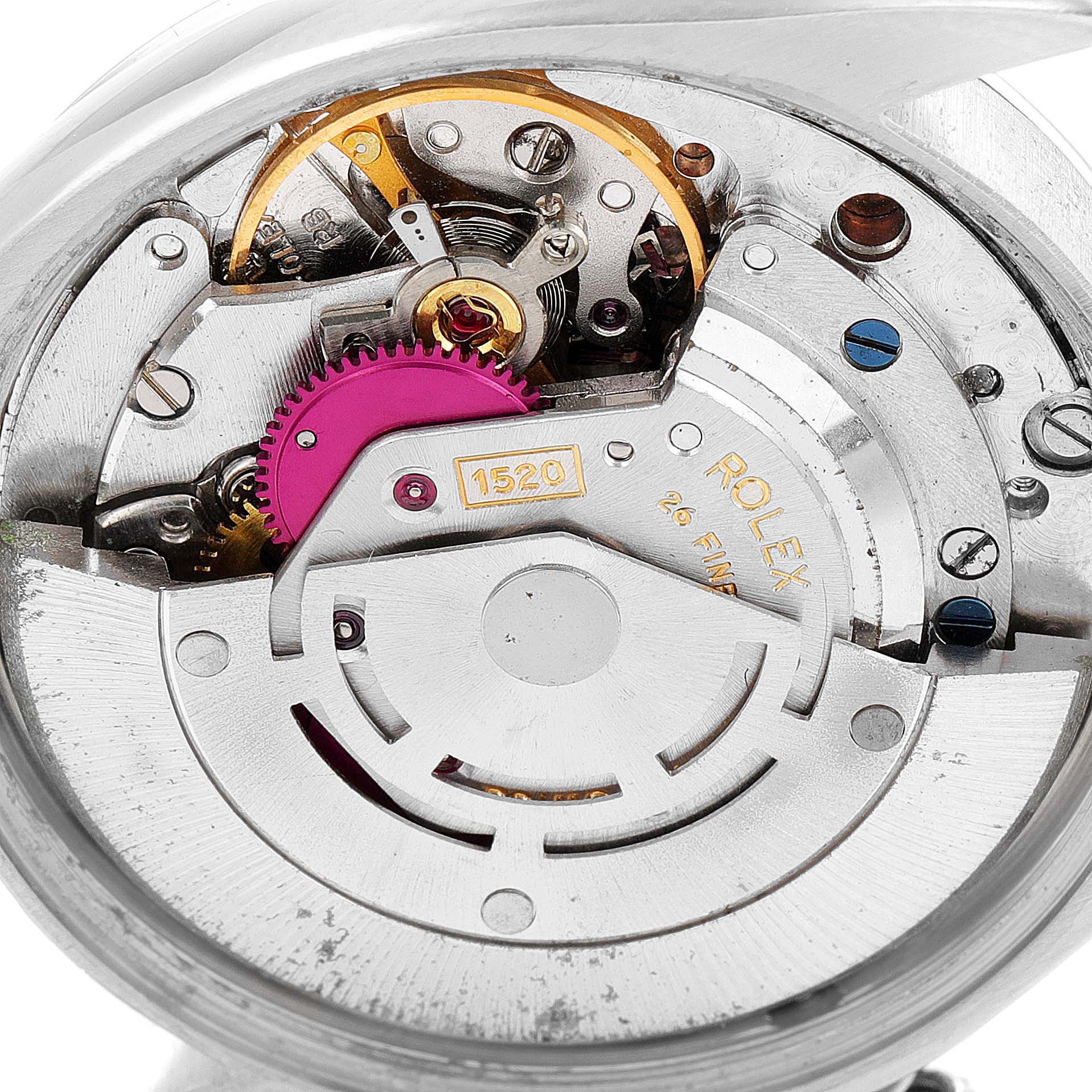 The image shows the inner mechanical movement of the Rolex Air-King 5500 Men's Stainless Steel Silver Dial 5500 Men's Stainless Steel Silver Dial watch from a rear angle.