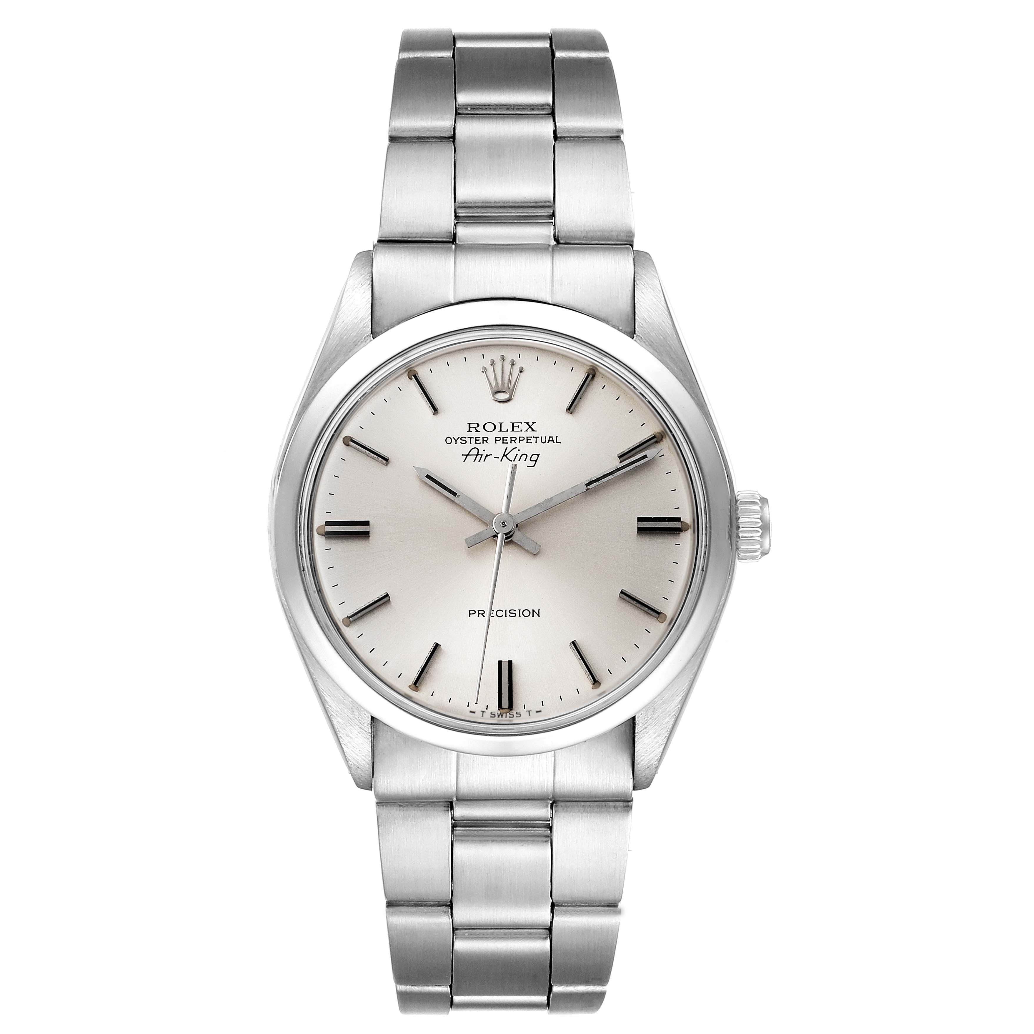 The image shows a front view of the Rolex Air-King 5500 Men's Stainless Steel Silver Dial 5500 Men's Stainless Steel Silver Dial watch, displaying the dial, bezel, and bracelet.