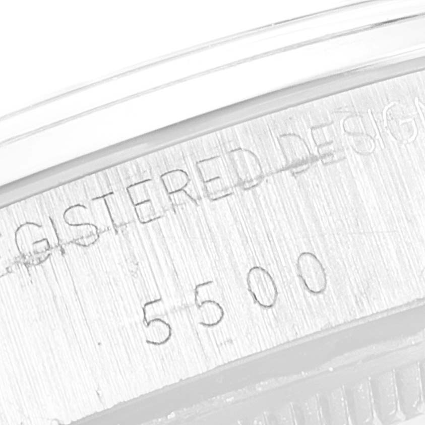 This close-up image shows the model number "5500" engraved on the case of a Rolex Air-King 5500 Men's Stainless Steel Silver Dial 5500 Men's Stainless Steel Silver Dial watch.