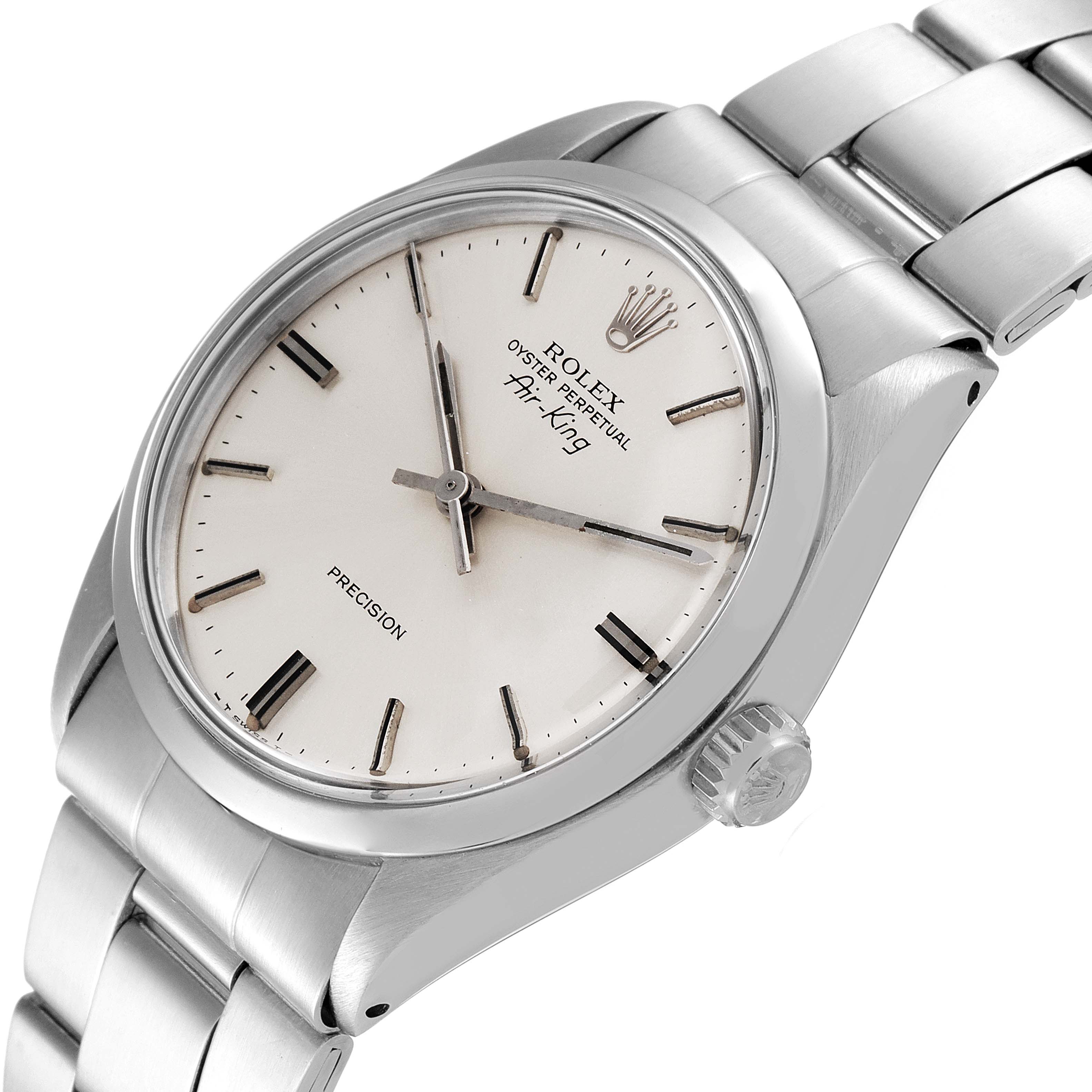 The image shows a angled view of a Rolex Air-King 5500 Men's Stainless Steel Silver Dial 5500 Men's Stainless Steel Silver Dial watch, highlighting its dial, crown, and bracelet.
