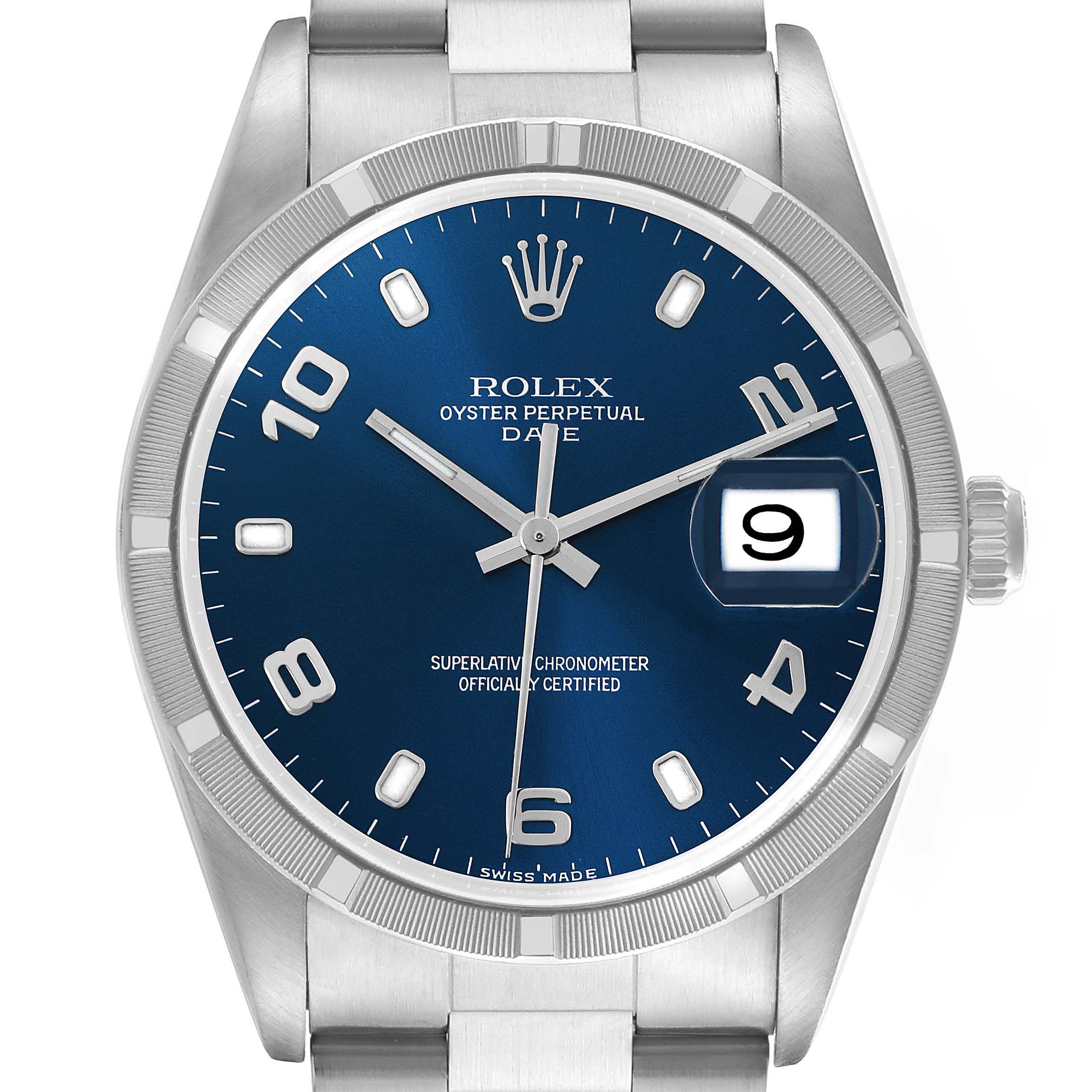 The Rolex Date 15210 Men
s Stainless Steel Blue Dial 15210 Men
s Stainless Steel Blue Dial model watch is shown from a front angle, displaying the dial, hands, numerals, and date window.