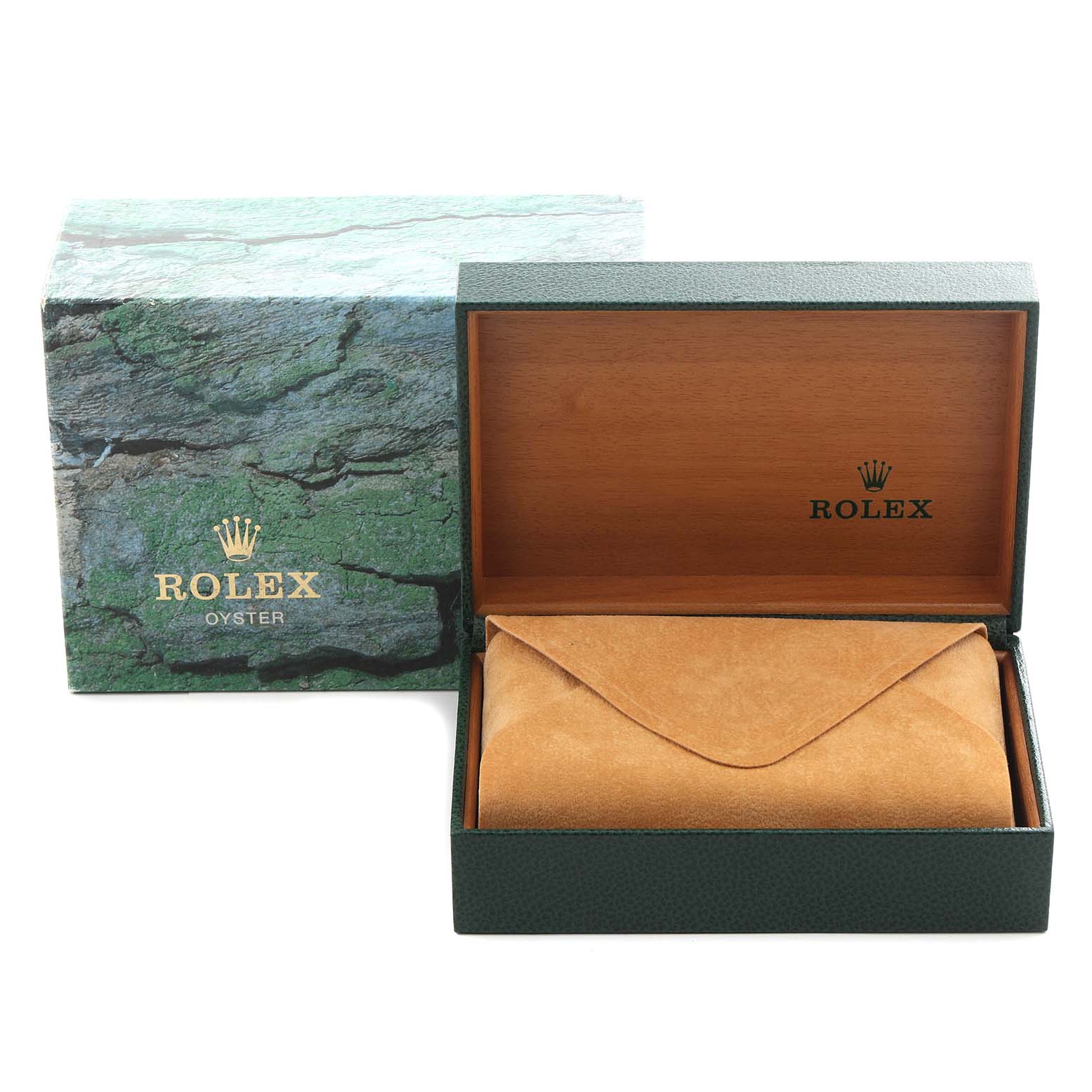 The image shows the packaging for a Rolex Date 15210 Men
s Stainless Steel Blue Dial 15210 Men
s Stainless Steel Blue Dial, including a closed box and a suede pouch inside the green and wooden display box.