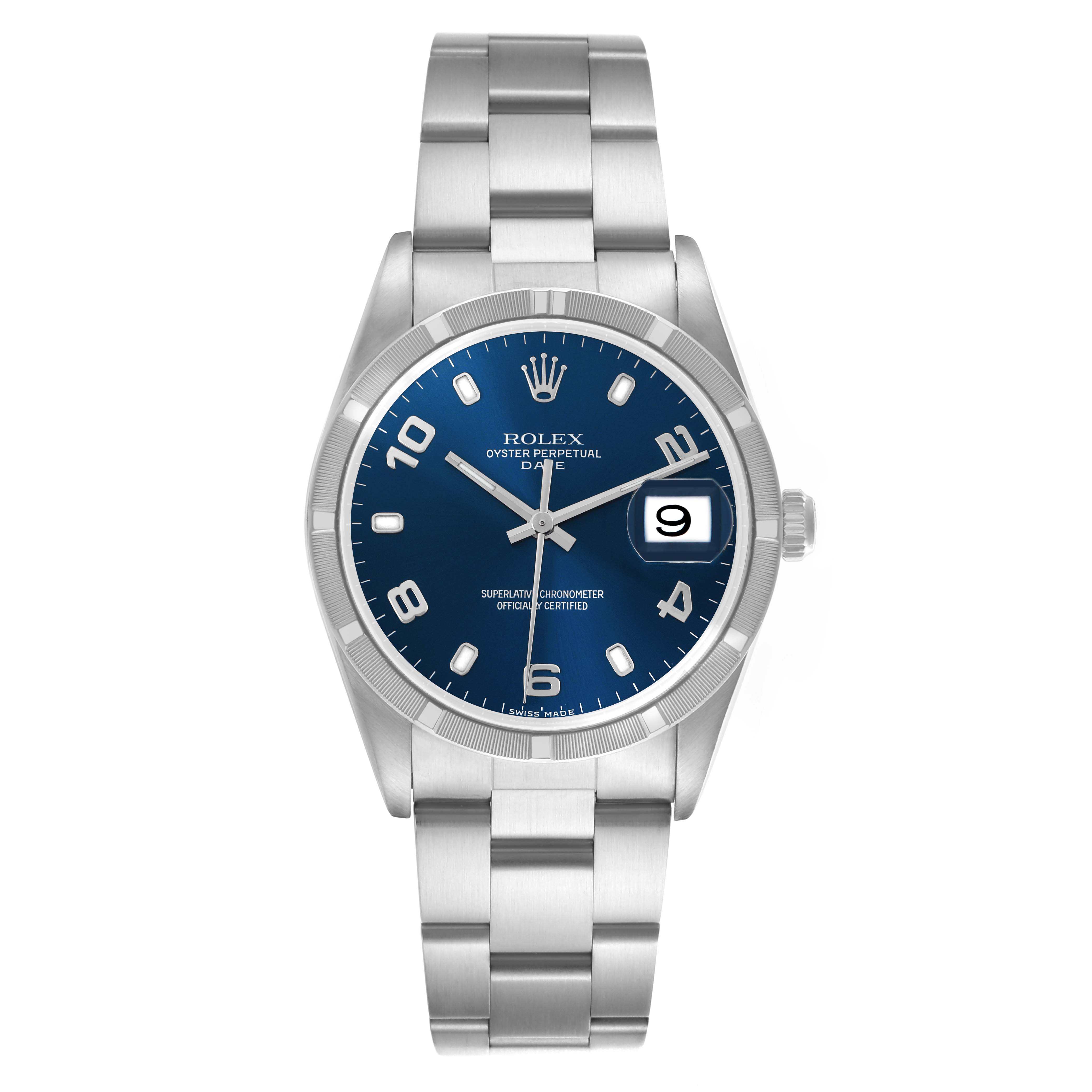 The Rolex Date 15210 Men
s Stainless Steel Blue Dial 15210 Men
s Stainless Steel Blue Dial watch is shown from a front angle, displaying the dial, bezel, bracelet, and date window clearly.