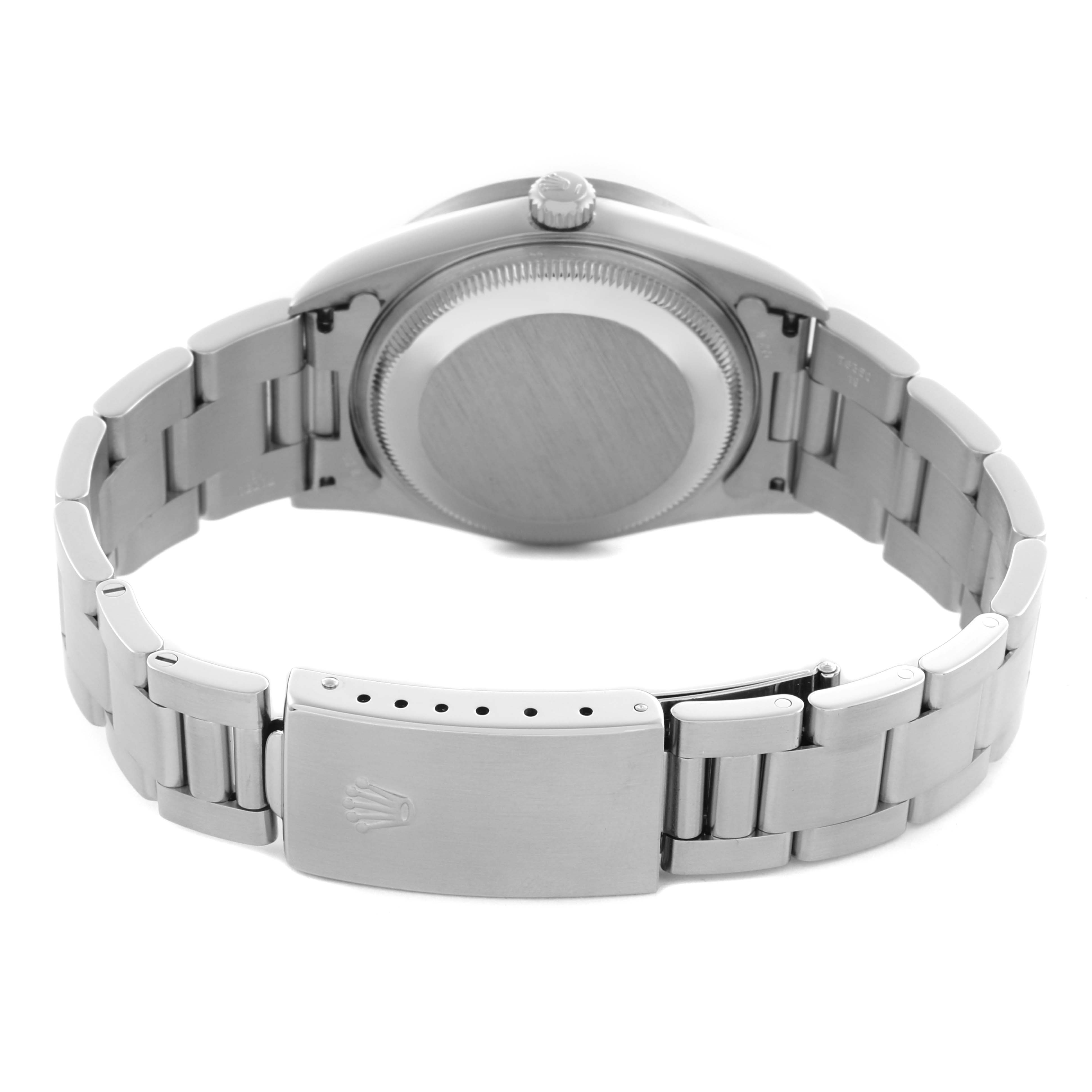 The back view of the Rolex Date 15210 Men
s Stainless Steel Blue Dial 15210 Men
s Stainless Steel Blue Dial model shows the clasp, case back, and bracelet.