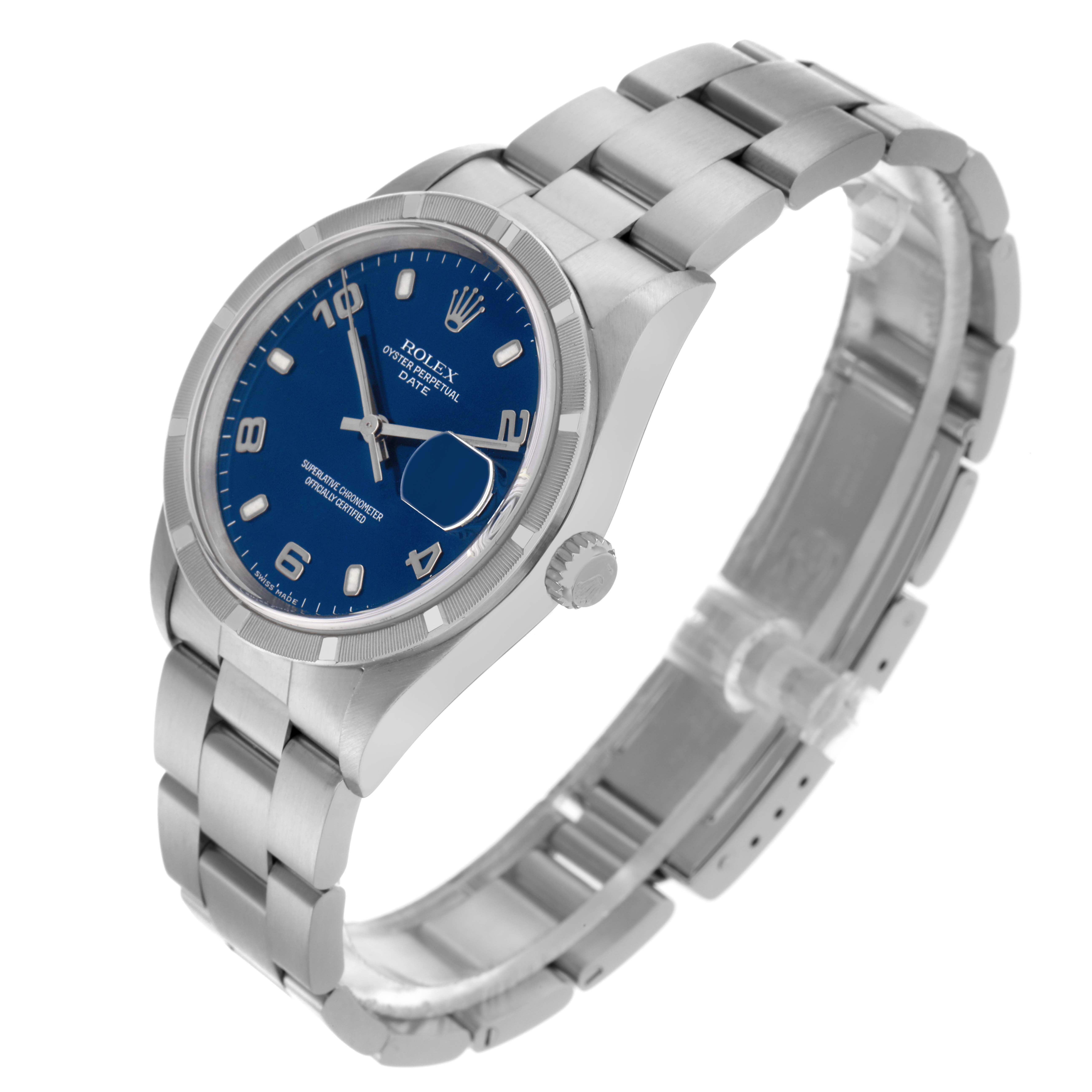The Rolex Date 15210 Men
s Stainless Steel Blue Dial 15210 Men
s Stainless Steel Blue Dial watch is shown at a three-quarter angle, highlighting the blue dial, bezel, crown, and bracelet.
