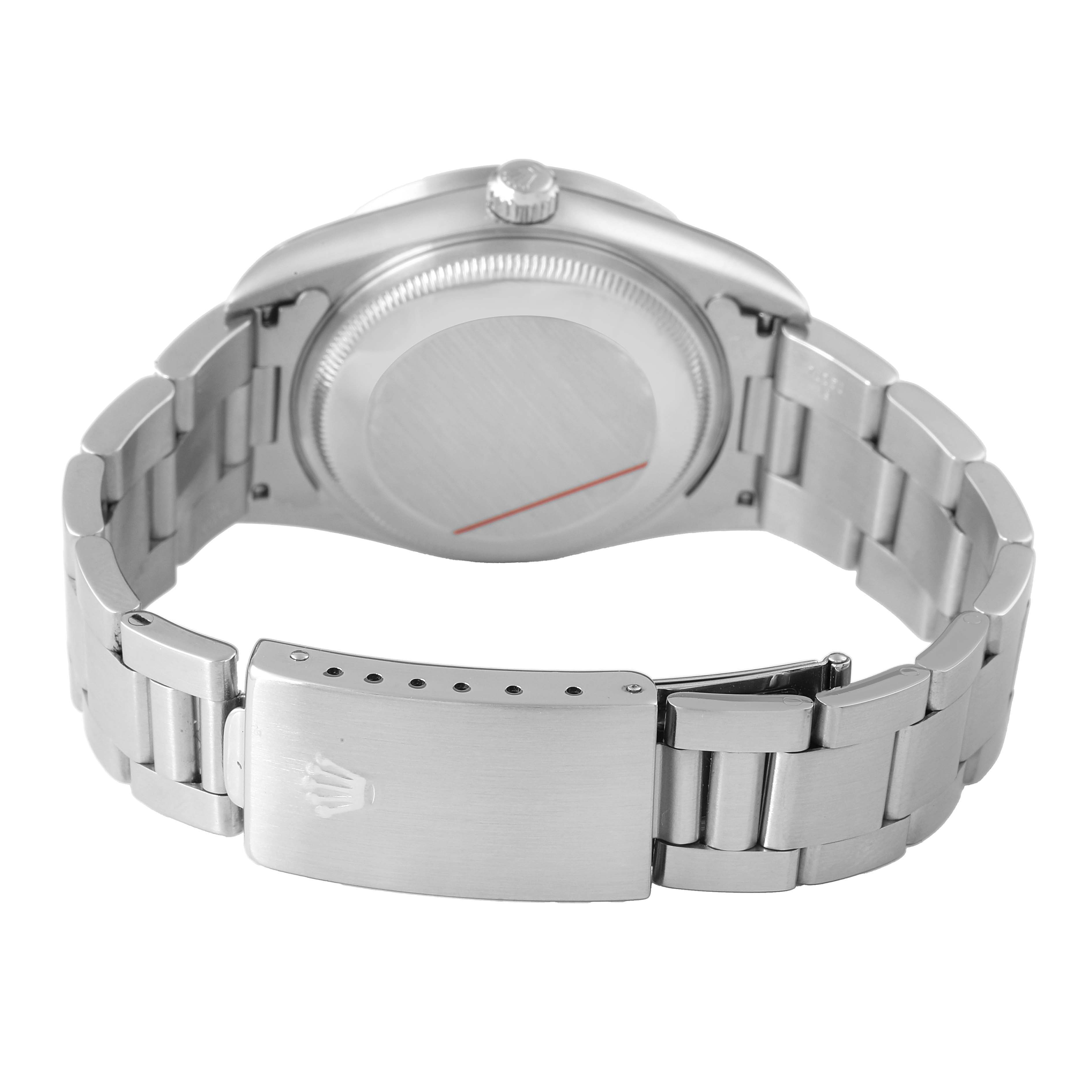 The image shows the backside of a Rolex Date 15210 Men's Stainless Steel Pink Dial watch, highlighting the case back, crown, and closed clasp.