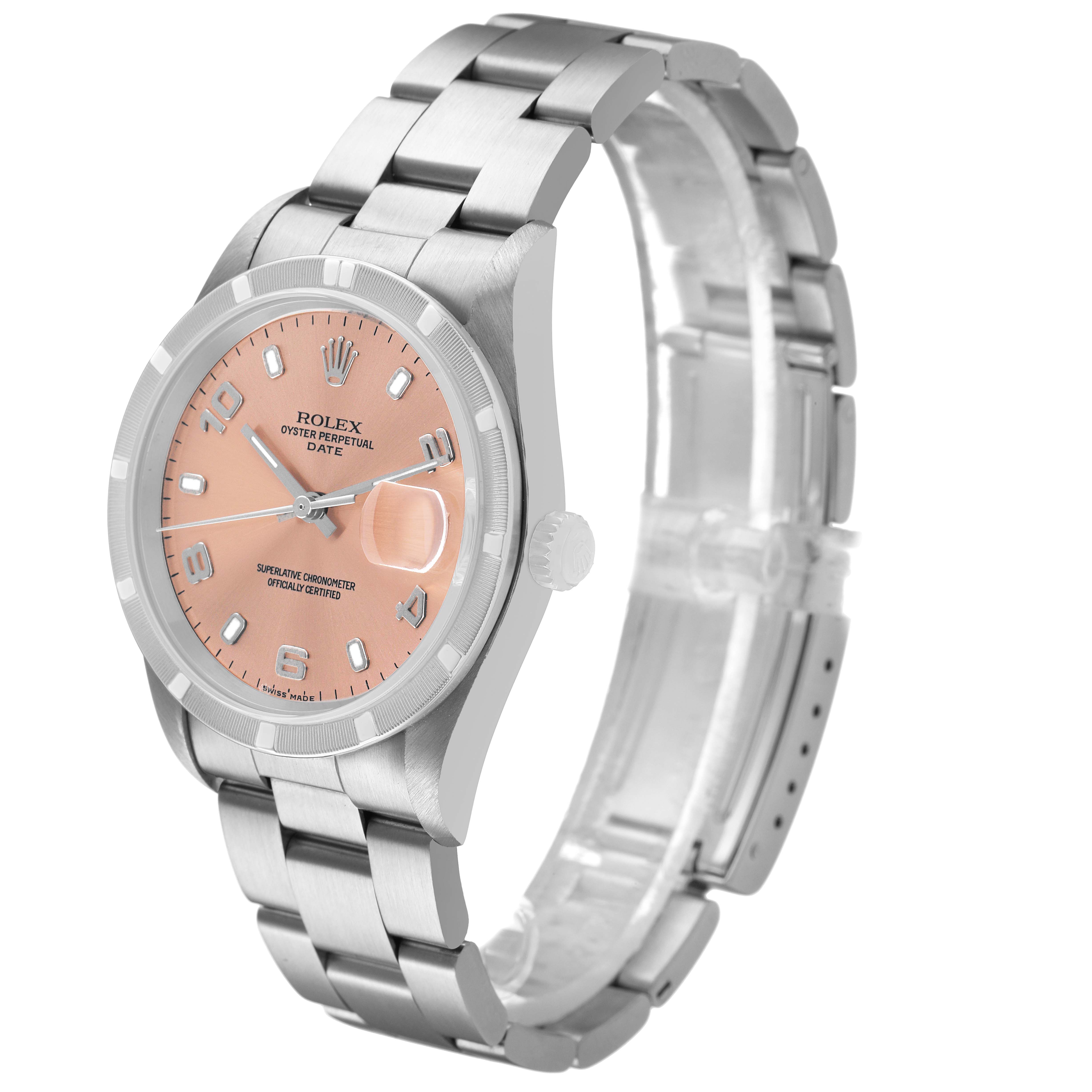 The Rolex Date 15210 Men's Stainless Steel Pink Dial model watch is shown at a three-quarter angle, highlighting the bracelet, case, dial, and crown.