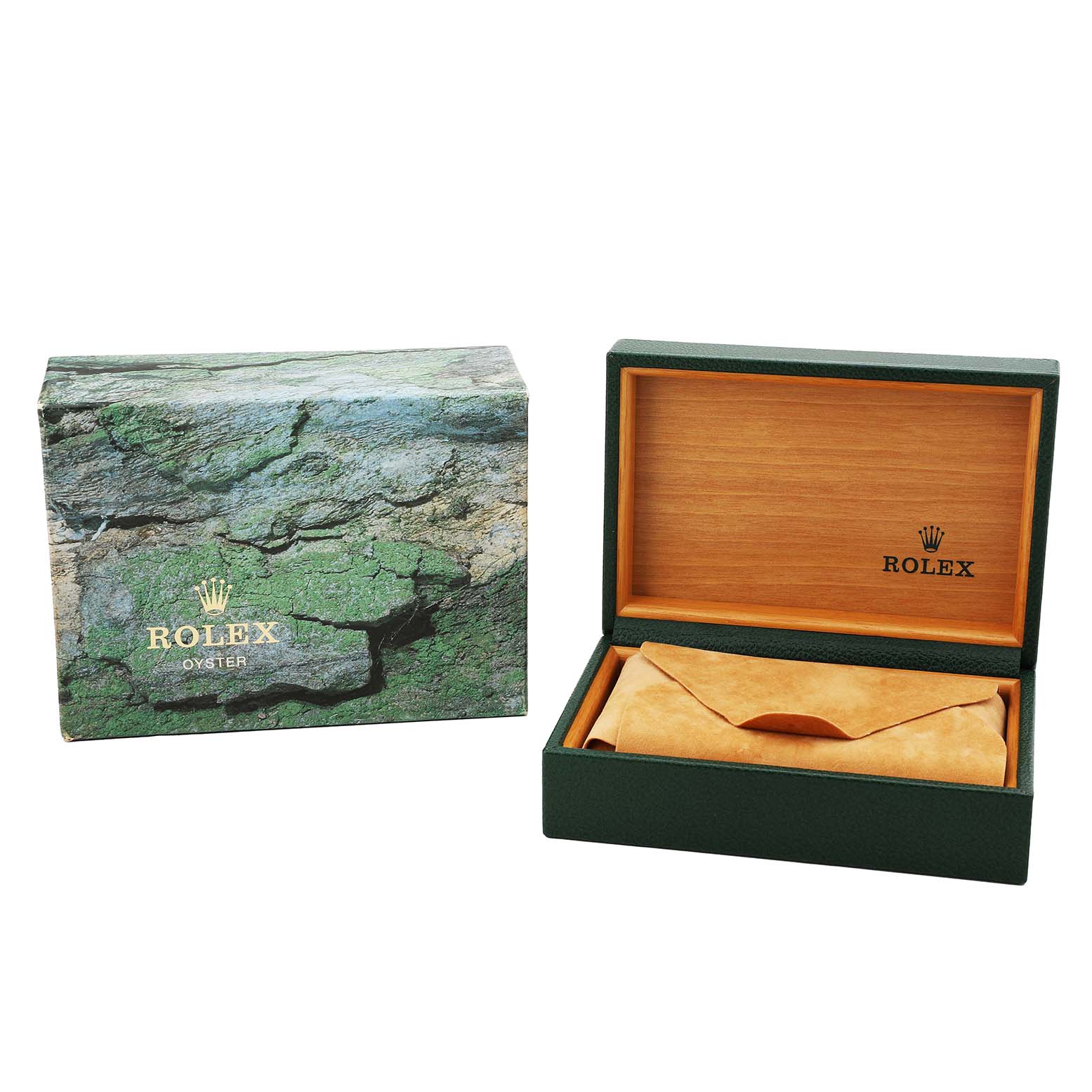 The image displays the packaging for a Rolex Date 15210 Men's Stainless Steel Pink Dial model, including an outer box and an open inner box with a suede pouch inside.