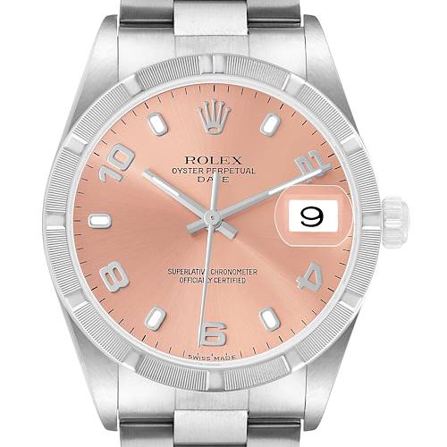 The Rolex Date 15210 Men's Stainless Steel Pink Dial model watch is shown from the front, highlighting the dial, numerals, hands, date window, and the crown.