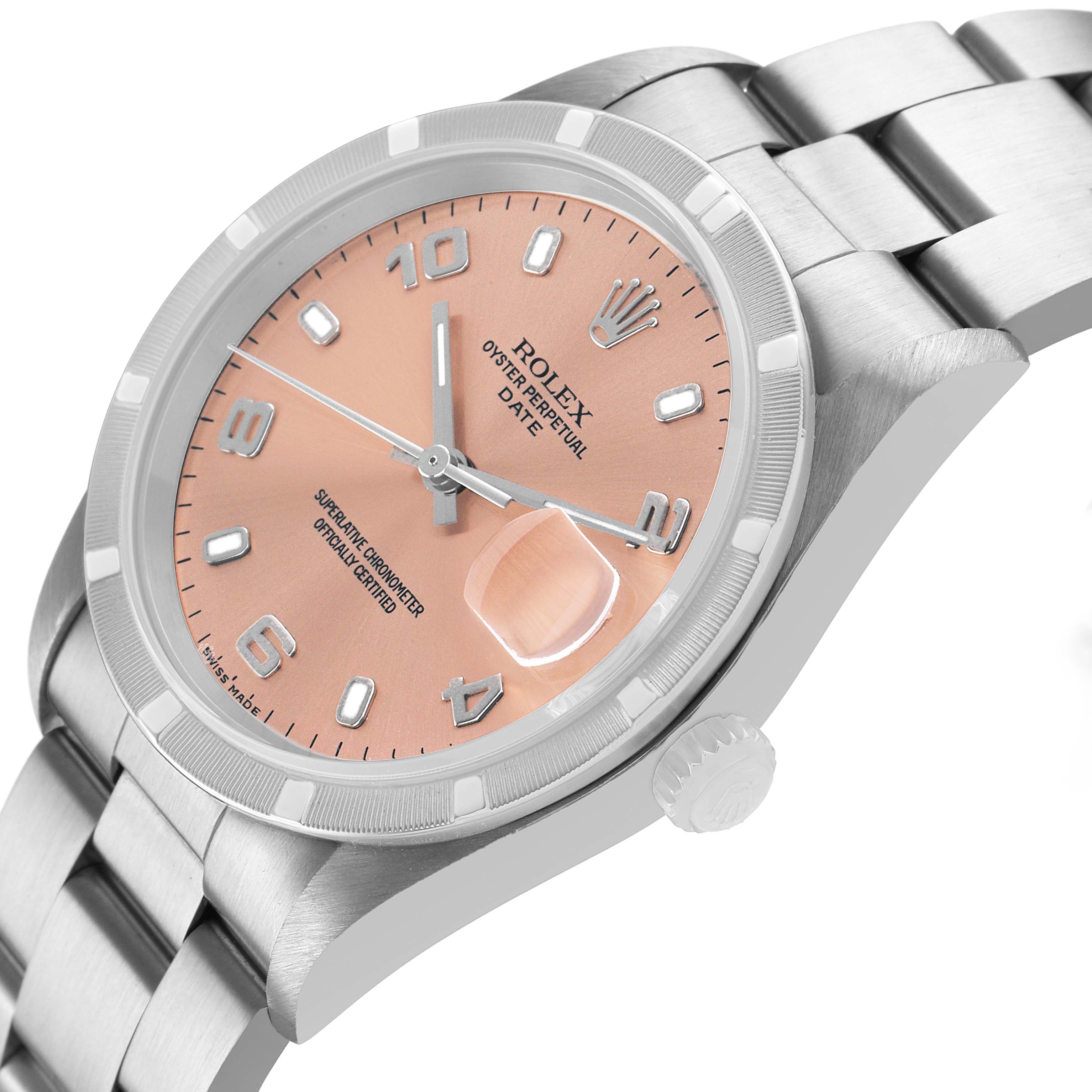 The Rolex Date 15210 Men's Stainless Steel Pink Dial watch is shown at a slight angle, highlighting the face, bezel, crown, and part of the bracelet.