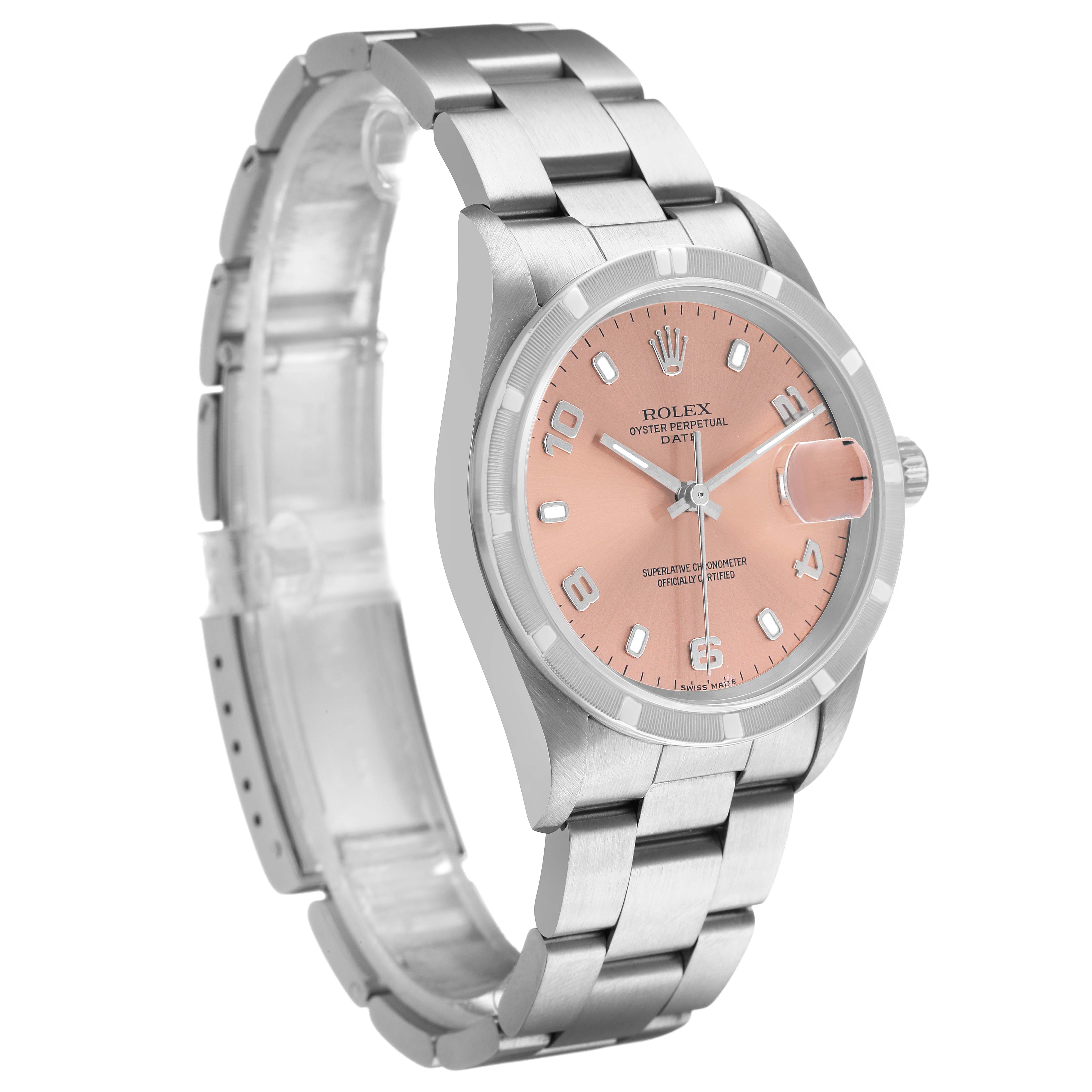 The Rolex Date 15210 Men's Stainless Steel Pink Dial model watch is shown at a slight angle, highlighting the dial, case, bracelet, and crown.