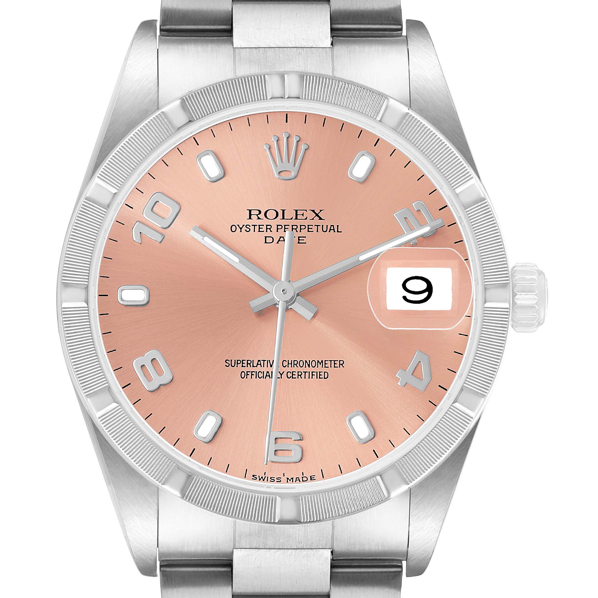The image shows a front view of the Rolex Date 15210 Men's Stainless Steel Pink Dial watch, highlighting its peach dial, date window, and stainless steel bracelet.