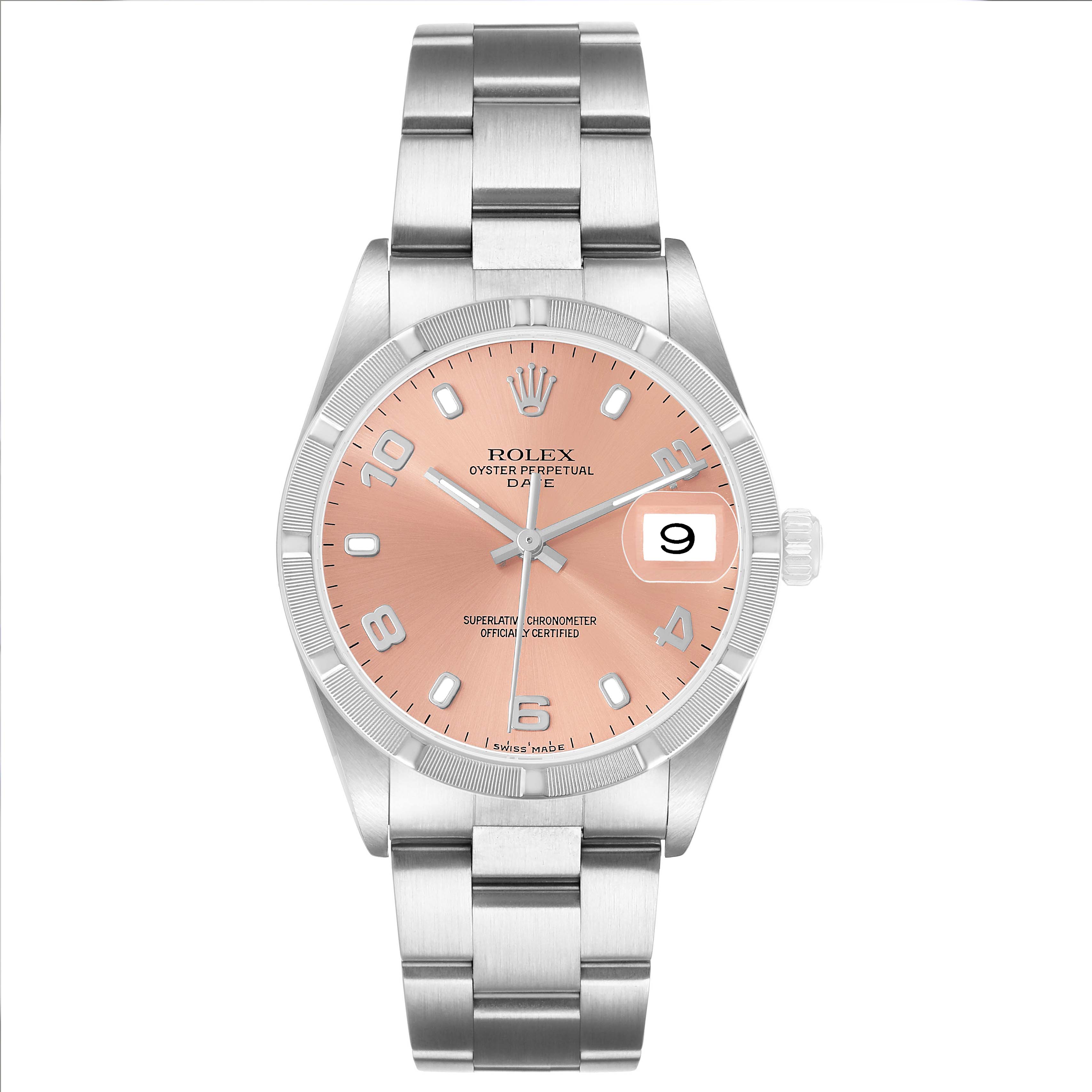 The Rolex Date 15210 Men's Stainless Steel Pink Dial watch is shown from a frontal angle, displaying its face, bezel, bracelet, and dial.
