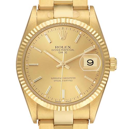 The image shows a frontal view of a Rolex Date 15238 Men's Yellow Gold Champagne Dial watch, highlighting the dial, bezel, crown, and bracelet.