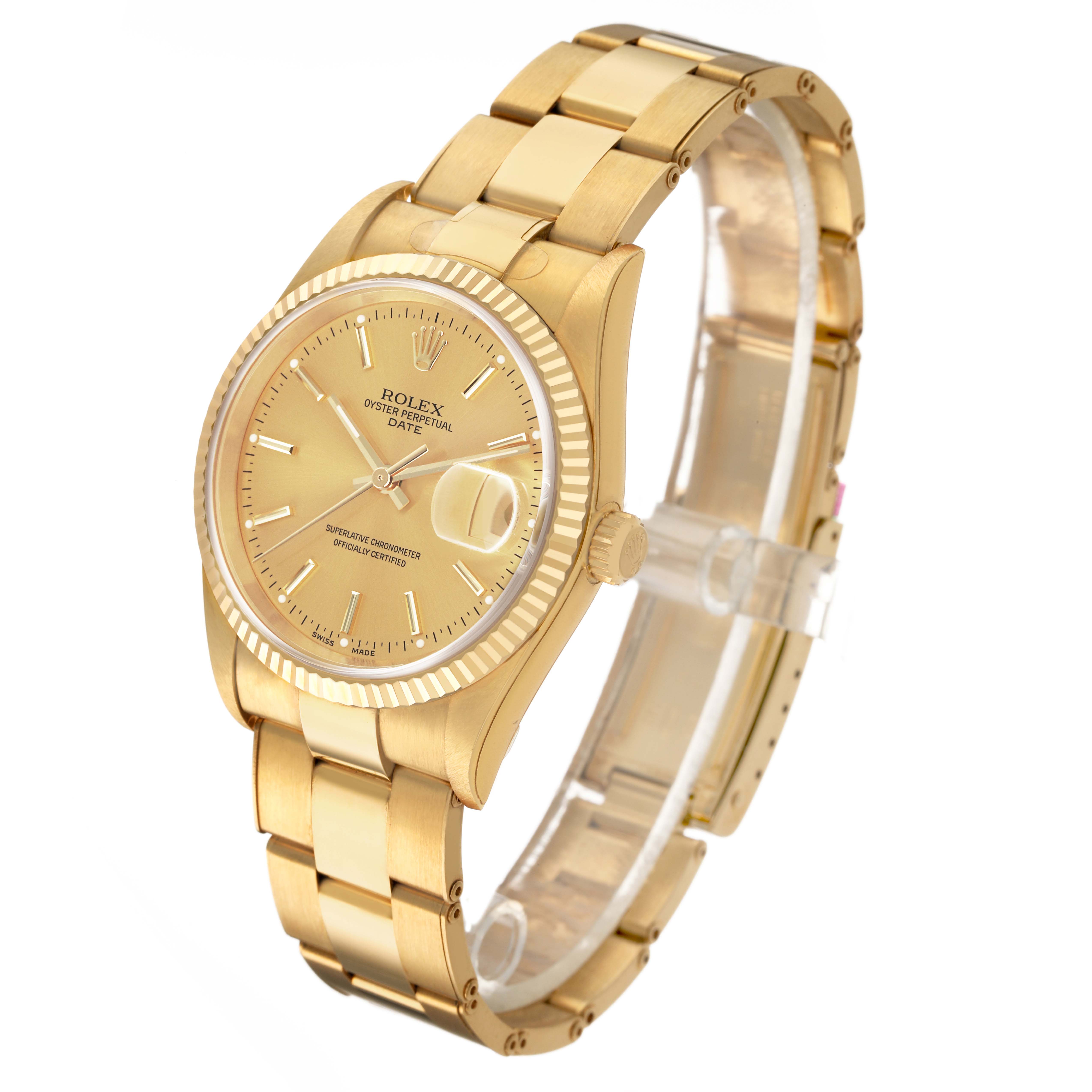 The Rolex Date 15238 Men's Yellow Gold Champagne Dial watch is shown at a three-quarter angle, highlighting the gold case, dial, bracelet, and the date magnifier.