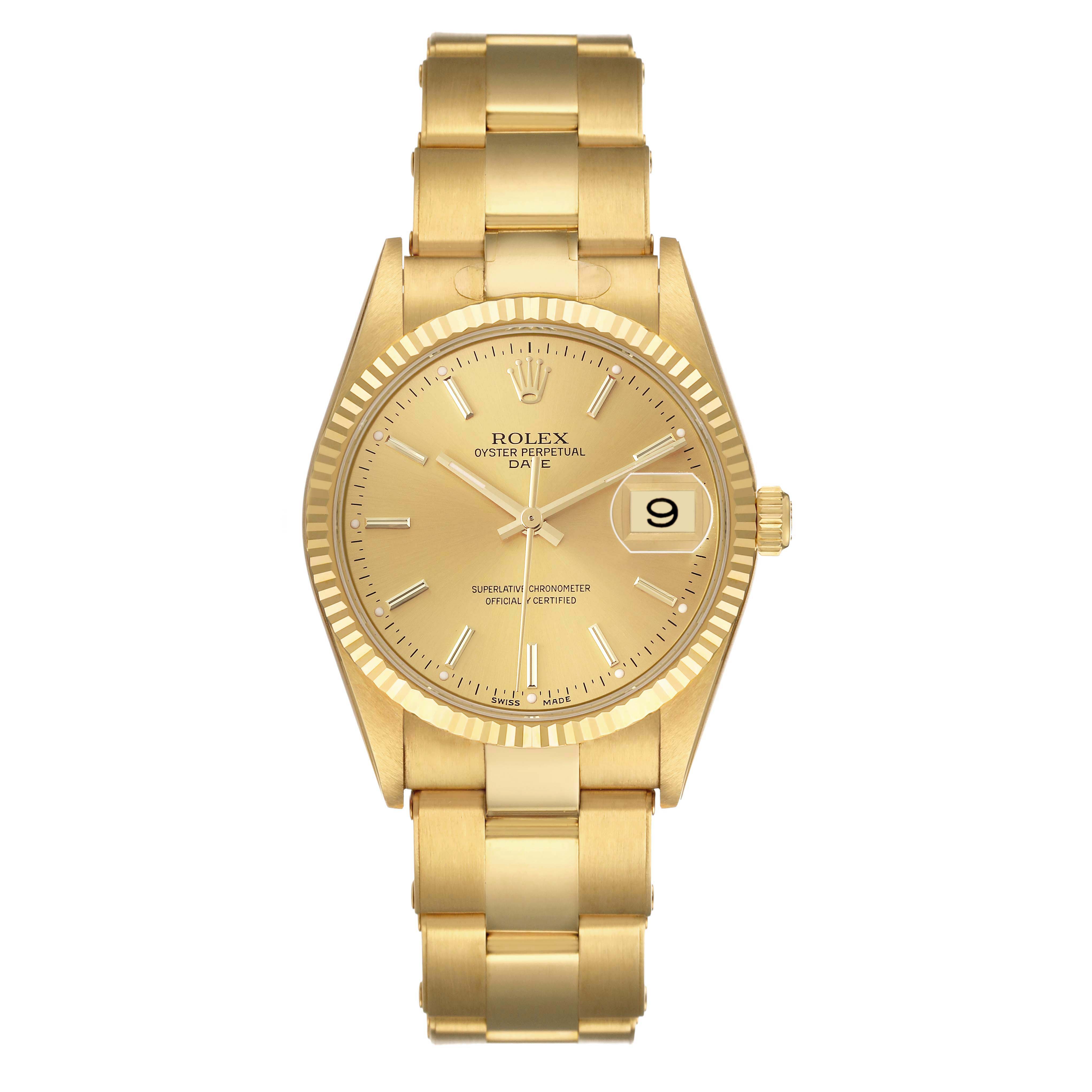 The Rolex Date 15238 Men's Yellow Gold Champagne Dial watch is shown from the front, displaying the dial, bezel, and full bracelet in gold.