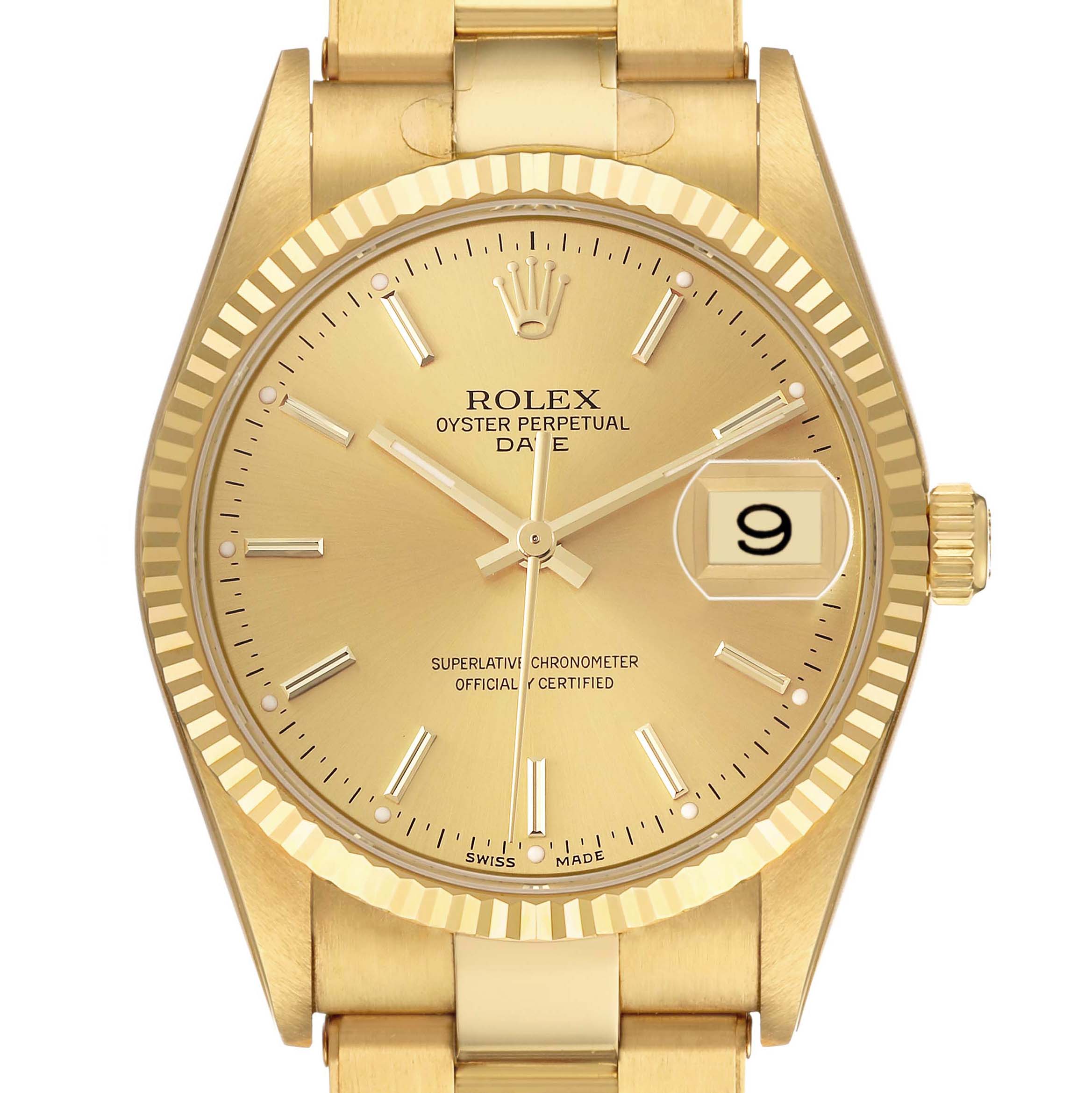 The Rolex Date 15238 Men's Yellow Gold Champagne Dial watch is shown from a front angle, displaying the dial, fluted bezel, hands, and date magnification.