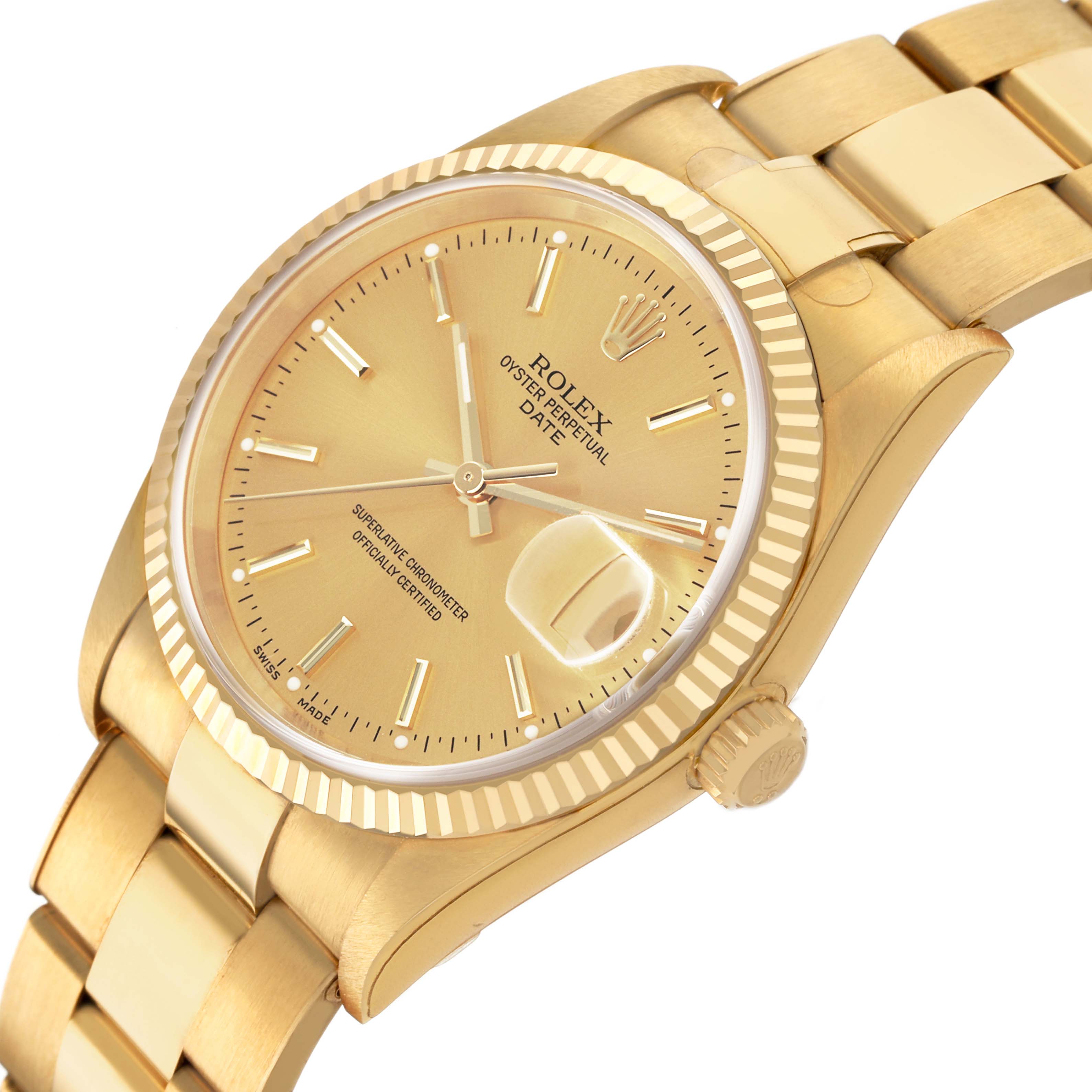 The Rolex Date 15238 Men's Yellow Gold Champagne Dial watch is shown at a three-quarter angle, revealing the dial, bezel, crown, and part of the bracelet.