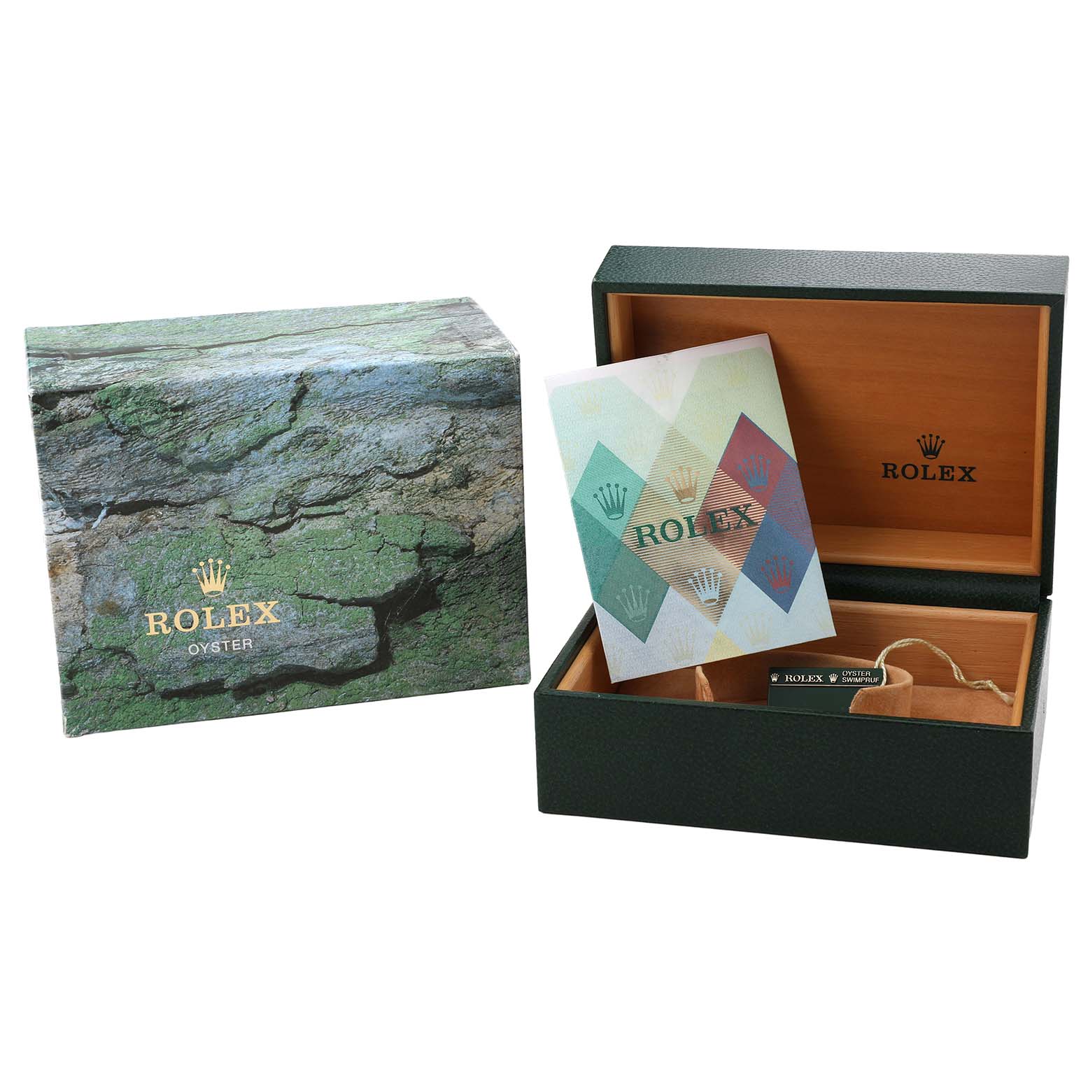 The image shows a Rolex Date 15238 Men's Yellow Gold Champagne Dial model's packaging, including the outer box, inner box, and a warranty card.