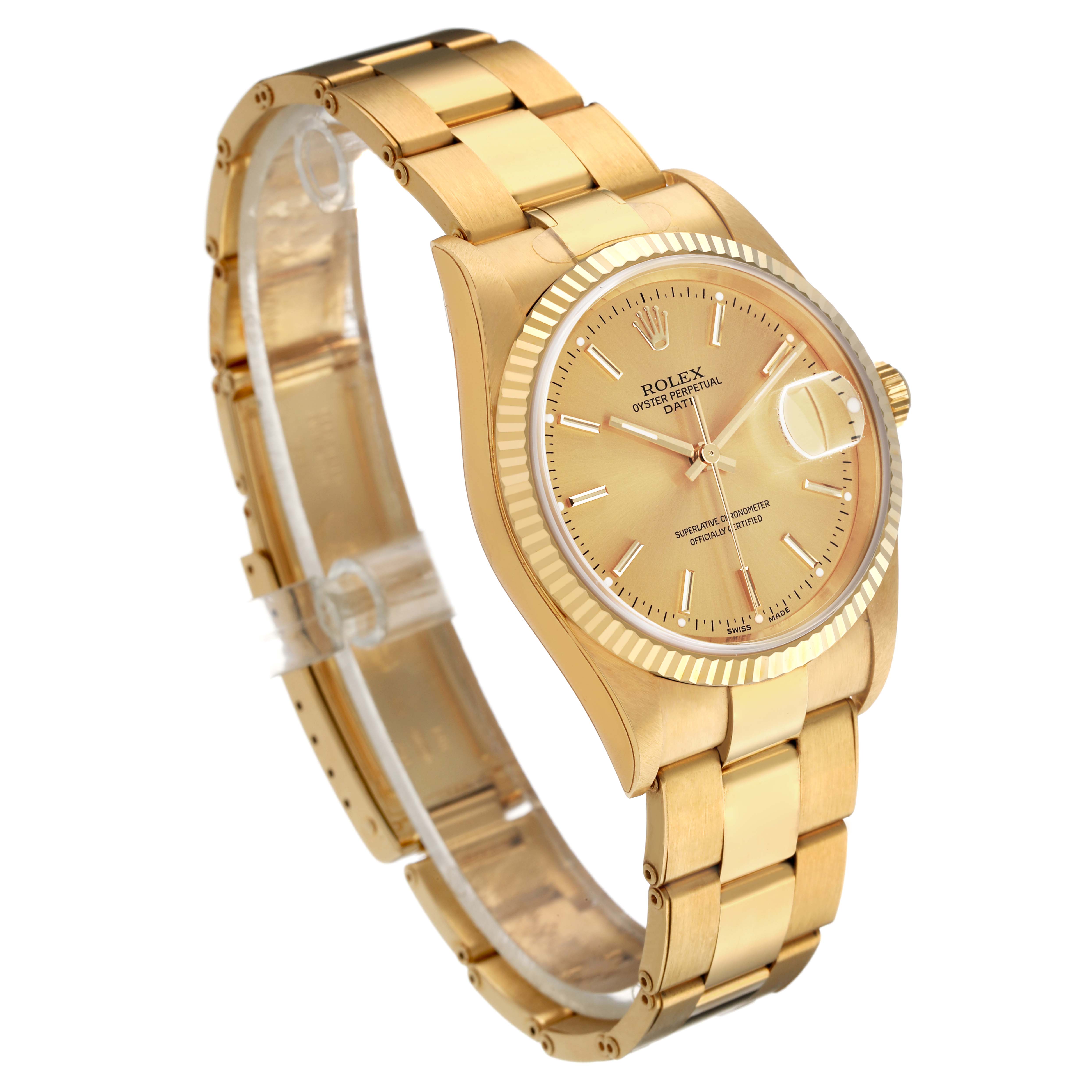 The Rolex Date 15238 Men's Yellow Gold Champagne Dial model watch is shown from a three-quarter angle, highlighting the dial, case, bracelet, and fluted bezel.