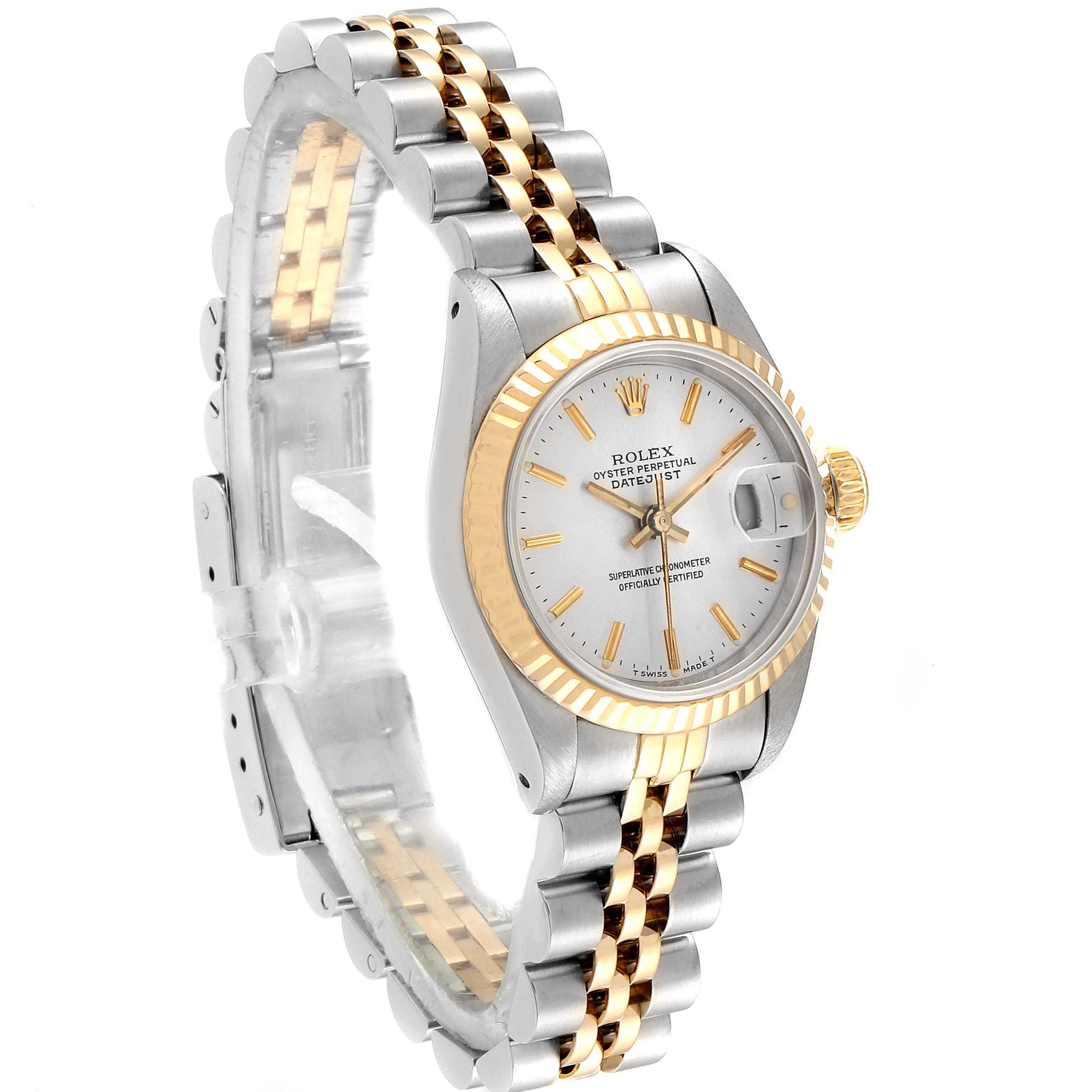 The image shows a Rolex Datejust 69173 Women
s Steel and Gold (two tone) Silver Dial 69173 Women
s Steel and Gold (two tone) Silver Dial watch at a three-quarter angle, highlighting the dial, bezel, and two-tone jubilee bracelet.