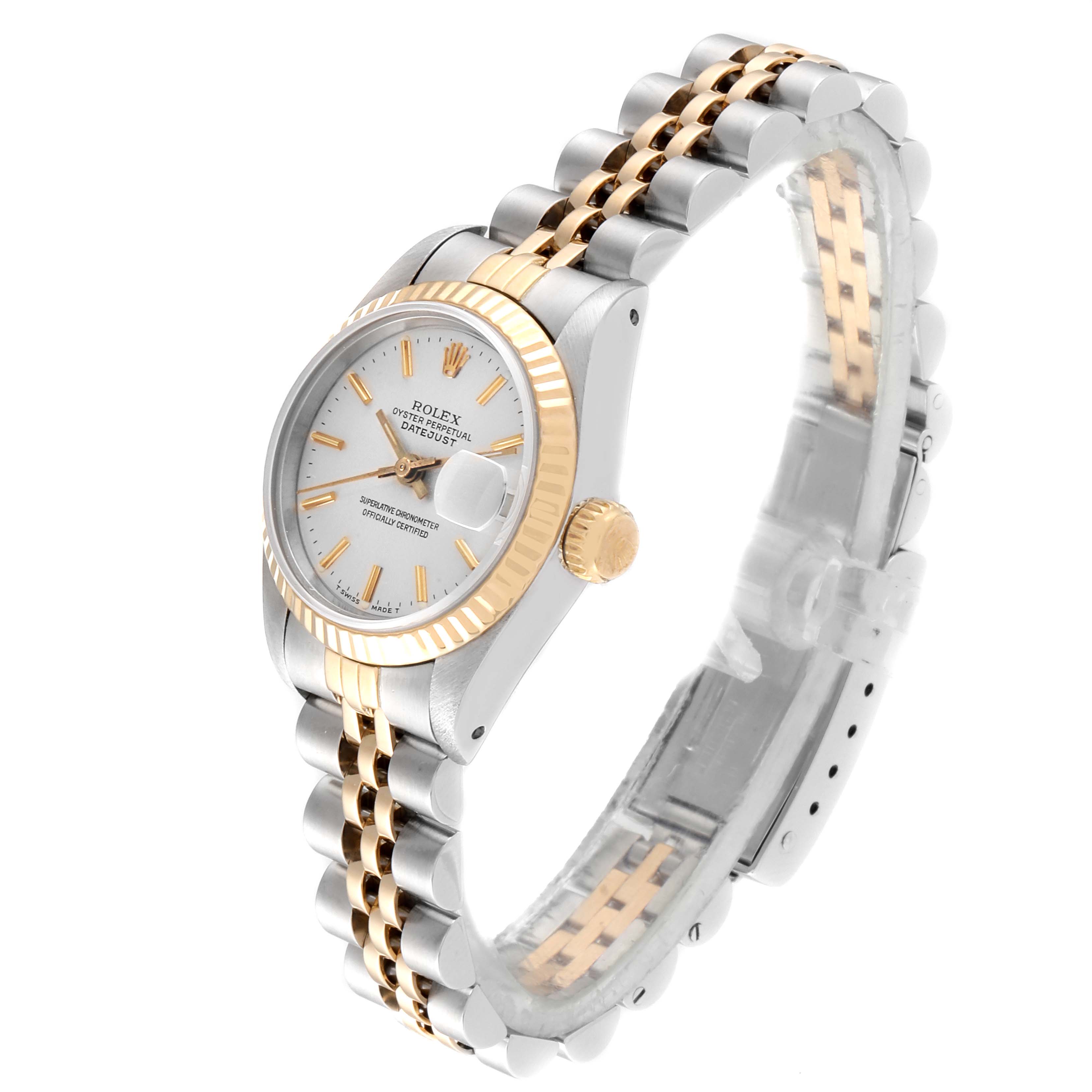 The image shows a Rolex Datejust 69173 Women
s Steel and Gold (two tone) Silver Dial 69173 Women
s Steel and Gold (two tone) Silver Dial watch from an angled side view, displaying its two-tone bracelet, face, bezel, and crown clearly.