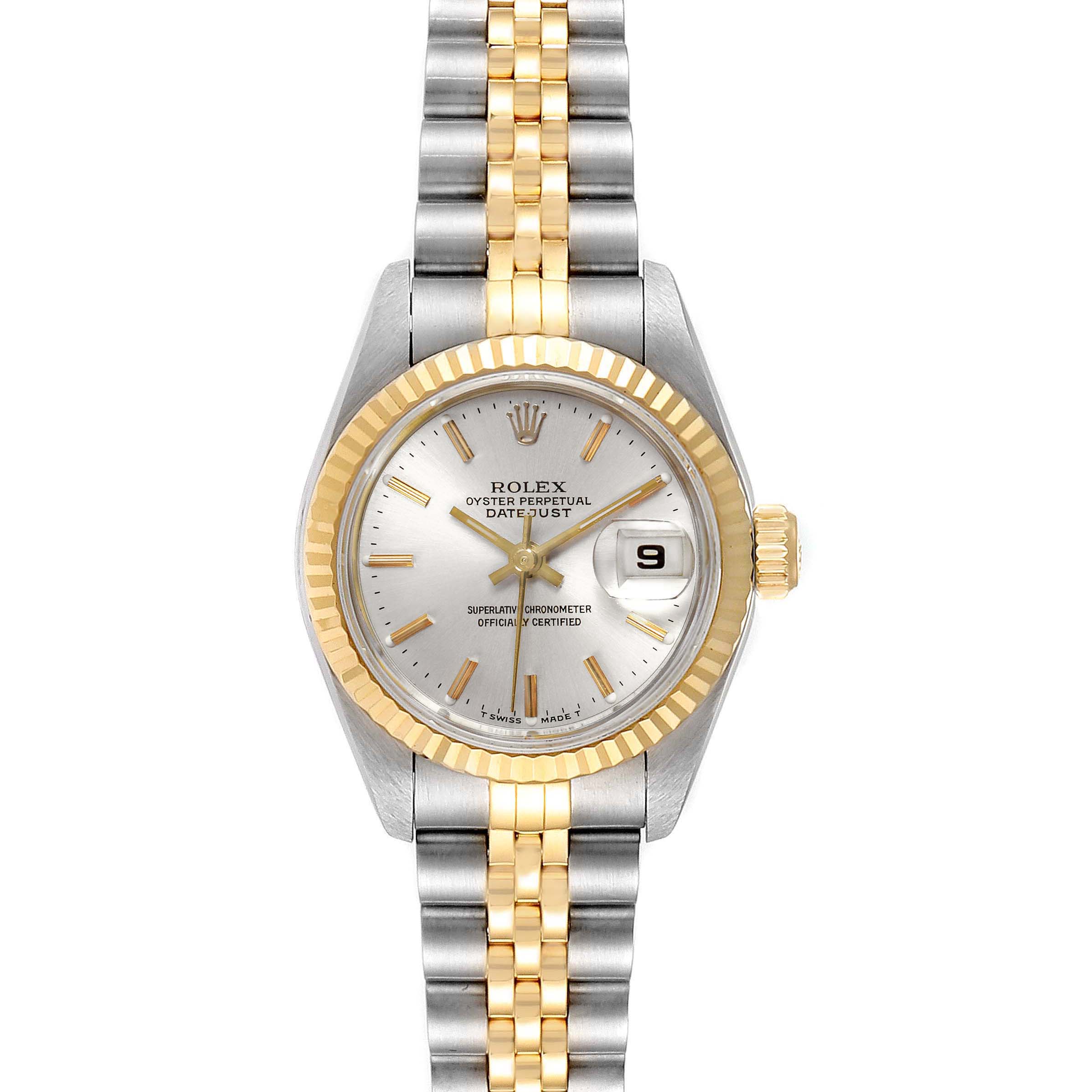 This Rolex Datejust 69173 Women
s Steel and Gold (two tone) Silver Dial 69173 Women
s Steel and Gold (two tone) Silver Dial watch is viewed from the front, displaying its dial, bezel, and two-tone bracelet.