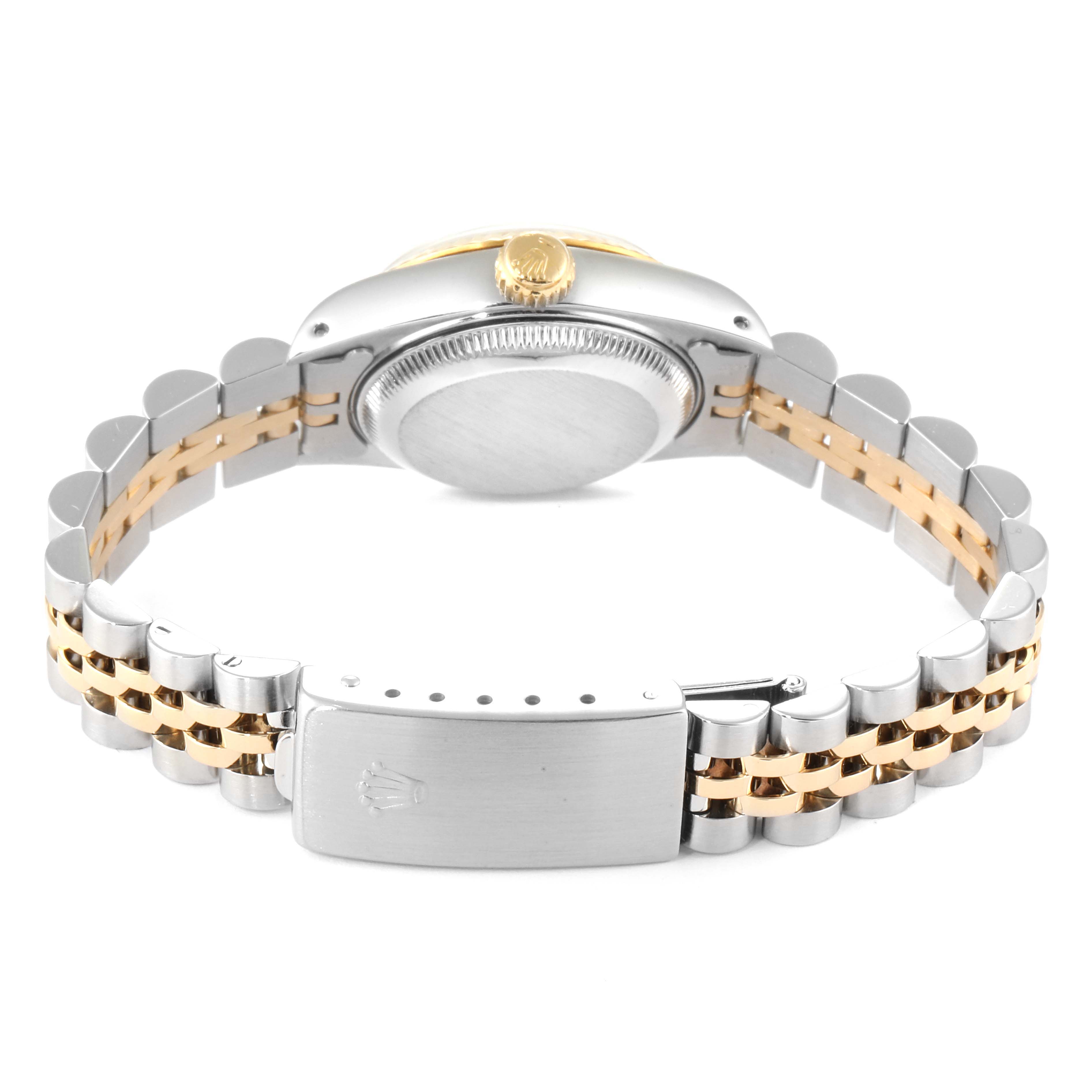 This image shows the back of a Rolex Datejust 69173 Women
s Steel and Gold (two tone) Silver Dial 69173 Women
s Steel and Gold (two tone) Silver Dial watch, highlighting its bracelet and clasp.